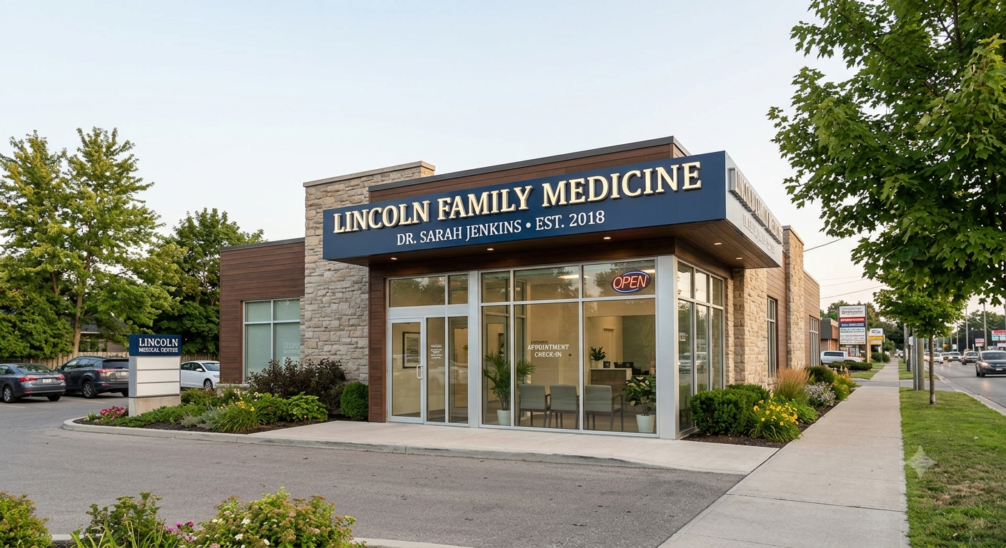 Exterior of Lincoln Family Medicine clinic with signage, glass entrance, and surrounding landscaping.