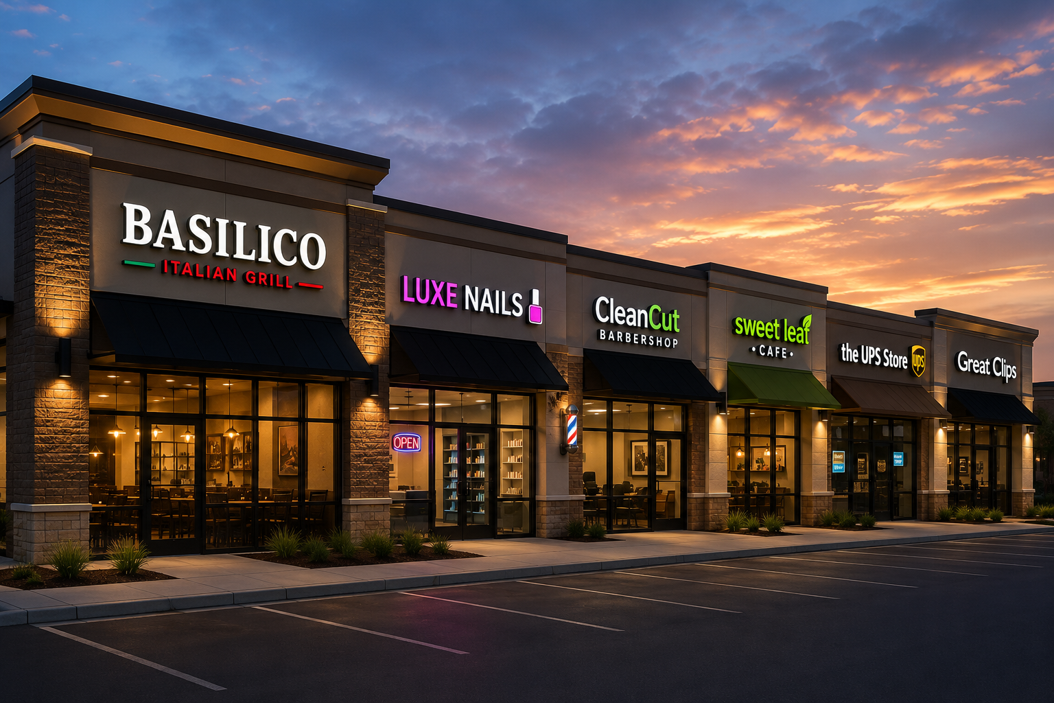Exterior view of a shopping plaza with storefronts including Basilico Italian Grill, Luxe Nails, Clean Cut Barbershop, Sweet Leaf Cafe, The UPS Store, and Great Clips during evening sunset with lit signs and parking lot in foreground.