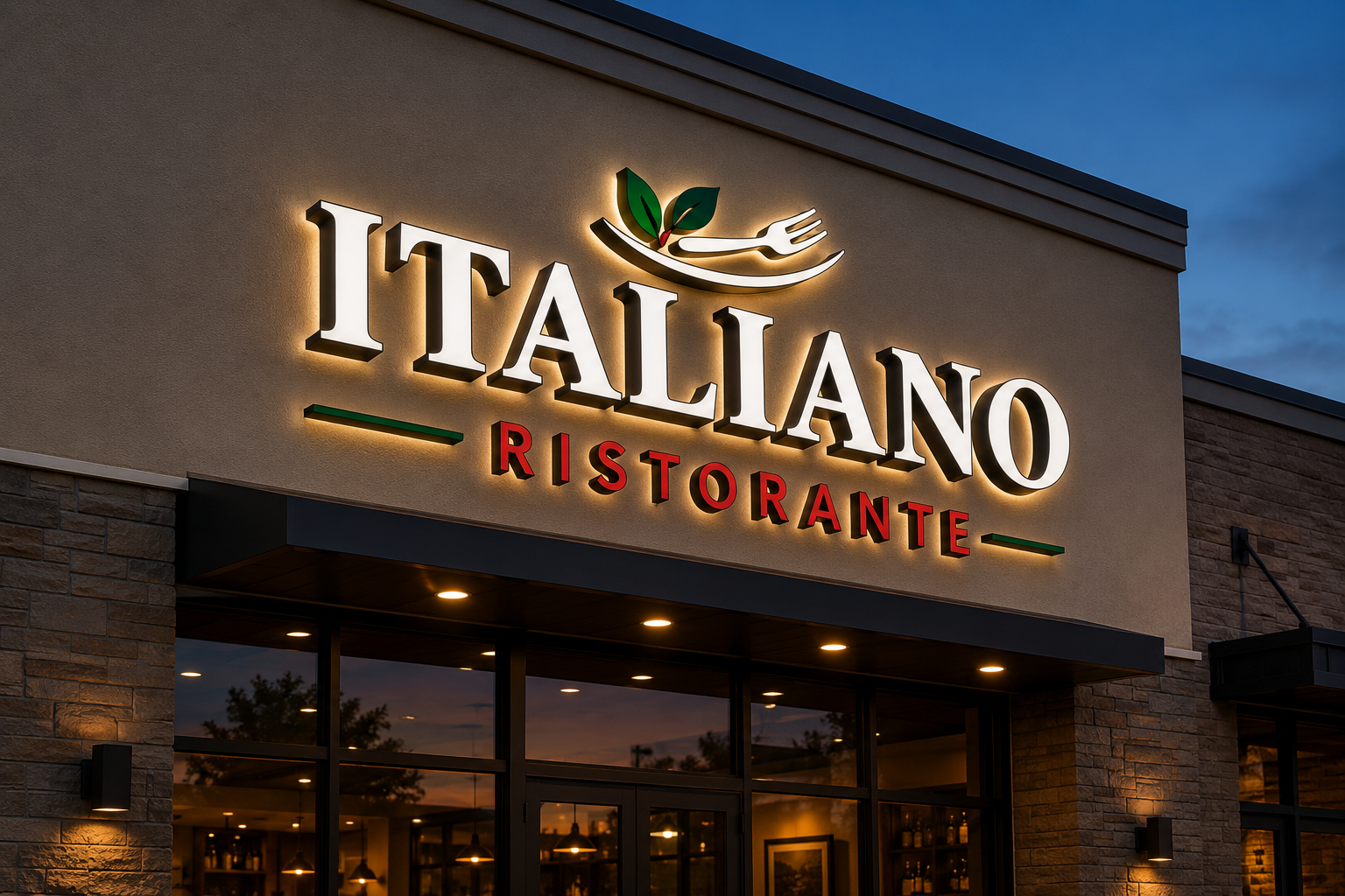 Exterior of an Italian restaurant with illuminated sign reading 'ITALIAN RISTORANTE' and a logo of a hand holding a fork with two green leaves, during dusk.