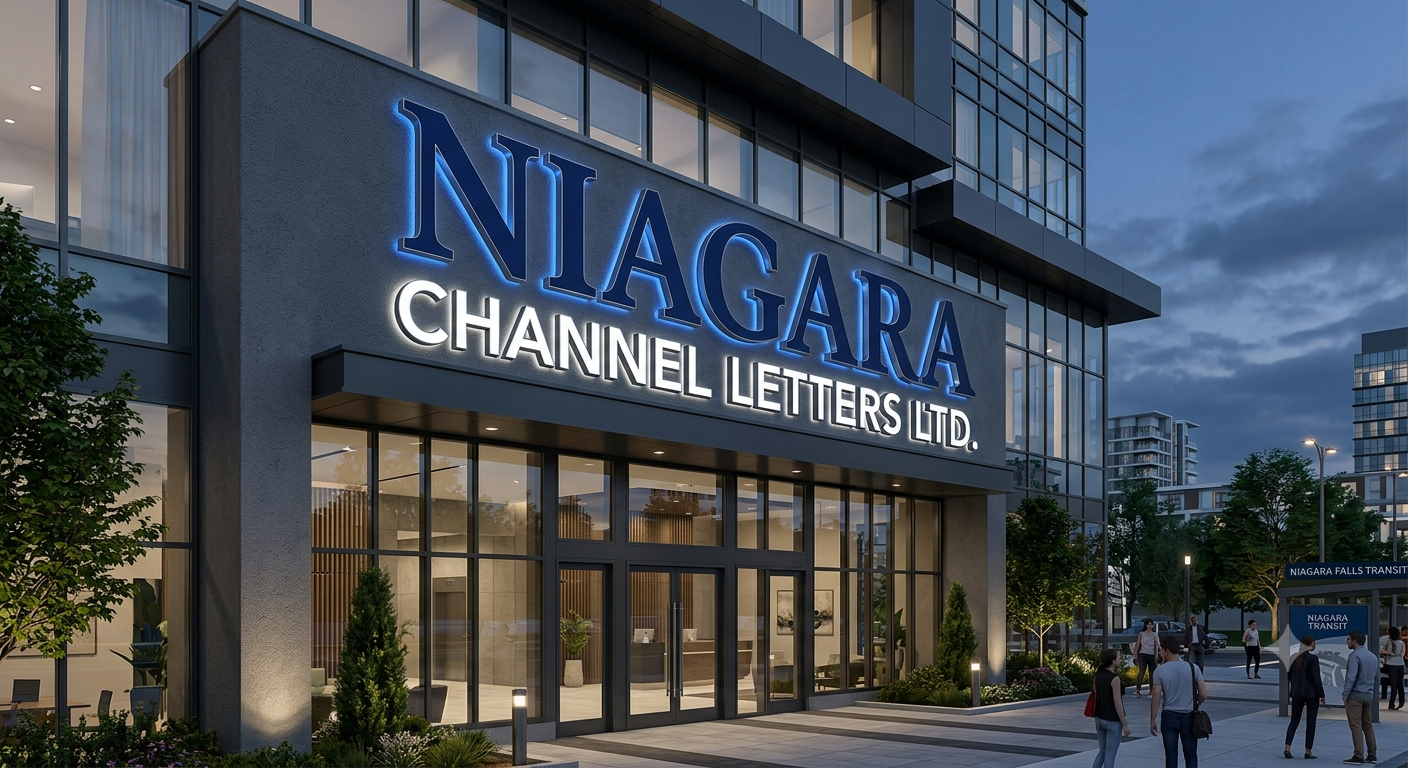 Nighttime exterior of Niagara Channel Letters Ltd. building with illuminated blue and white signs, glass windows, and people walking nearby.