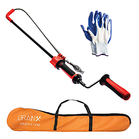 plumbing tools including a toilet auger, gloves and a carrying case.