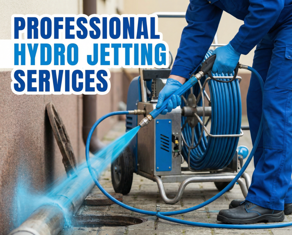 Worker in blue uniform with blue gloves using a high-pressure hose to clean a sewer pipe on a sidewalk, with equipment nearby, advertisement for professional hydro jetting services.