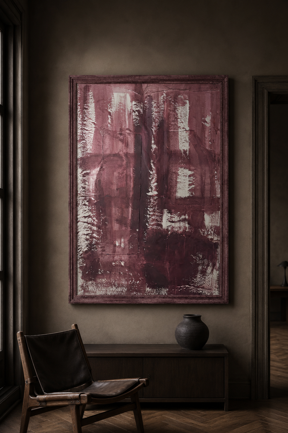 Cuadro abstracto en tonos rojos y blancos en una pared de tonos marrón, con una silla de madera y cuero en primer plano y una vasija negra sobre un mueble de madera.