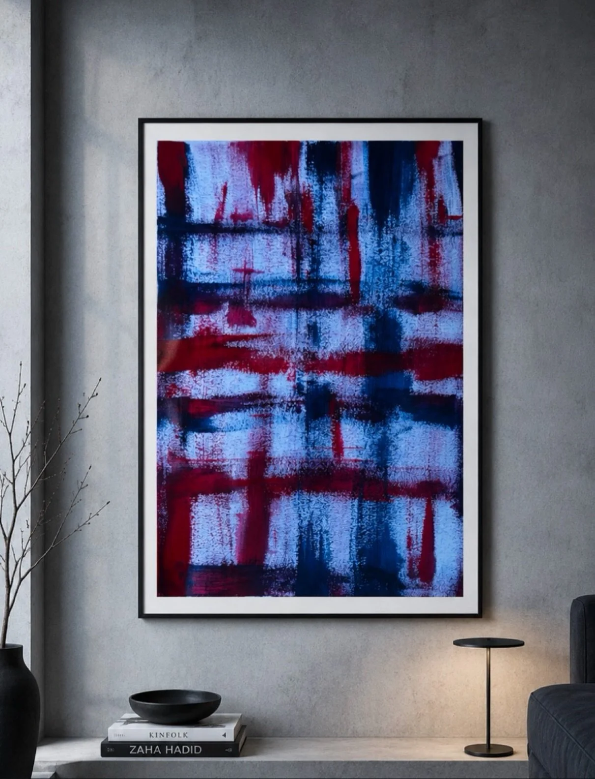 An abstract composition in which deep red and dark blue interact through a free-form geometric structure. The overlapping colors and diffuse textures create a balance between energy and calm, evoking the meeting of opposing forces that coexist in the