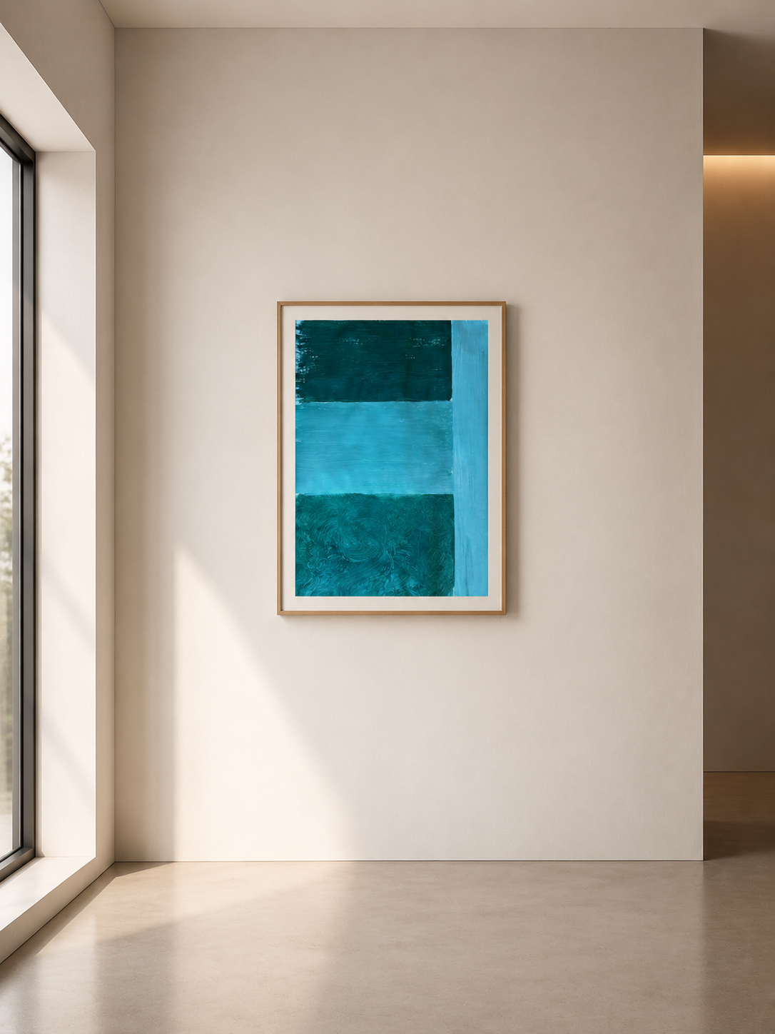 Cuadro abstracto con tonos azules en una pared blanca, en una habitación con luz natural y ventana grande.