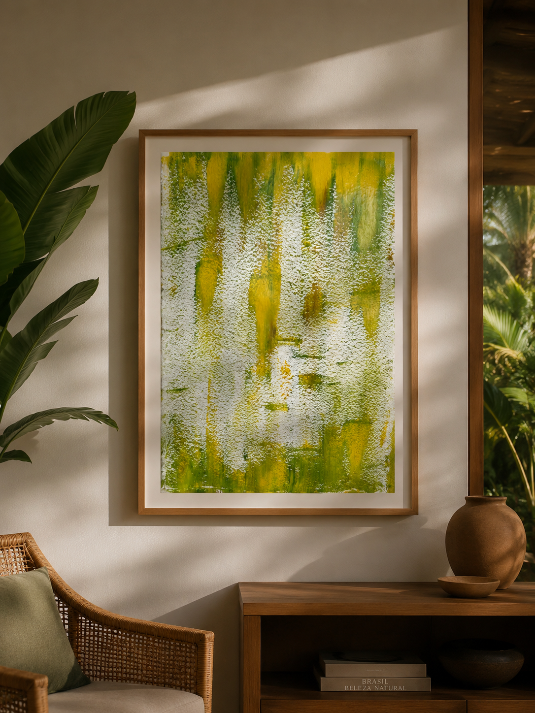 Cuadro abstracto con tonos verdes y amarillos, en un marco de madera, en una pared blanca, parte de un sofá y una mesa de madera con objetos decorativos y plantas verdes a su alrededor.