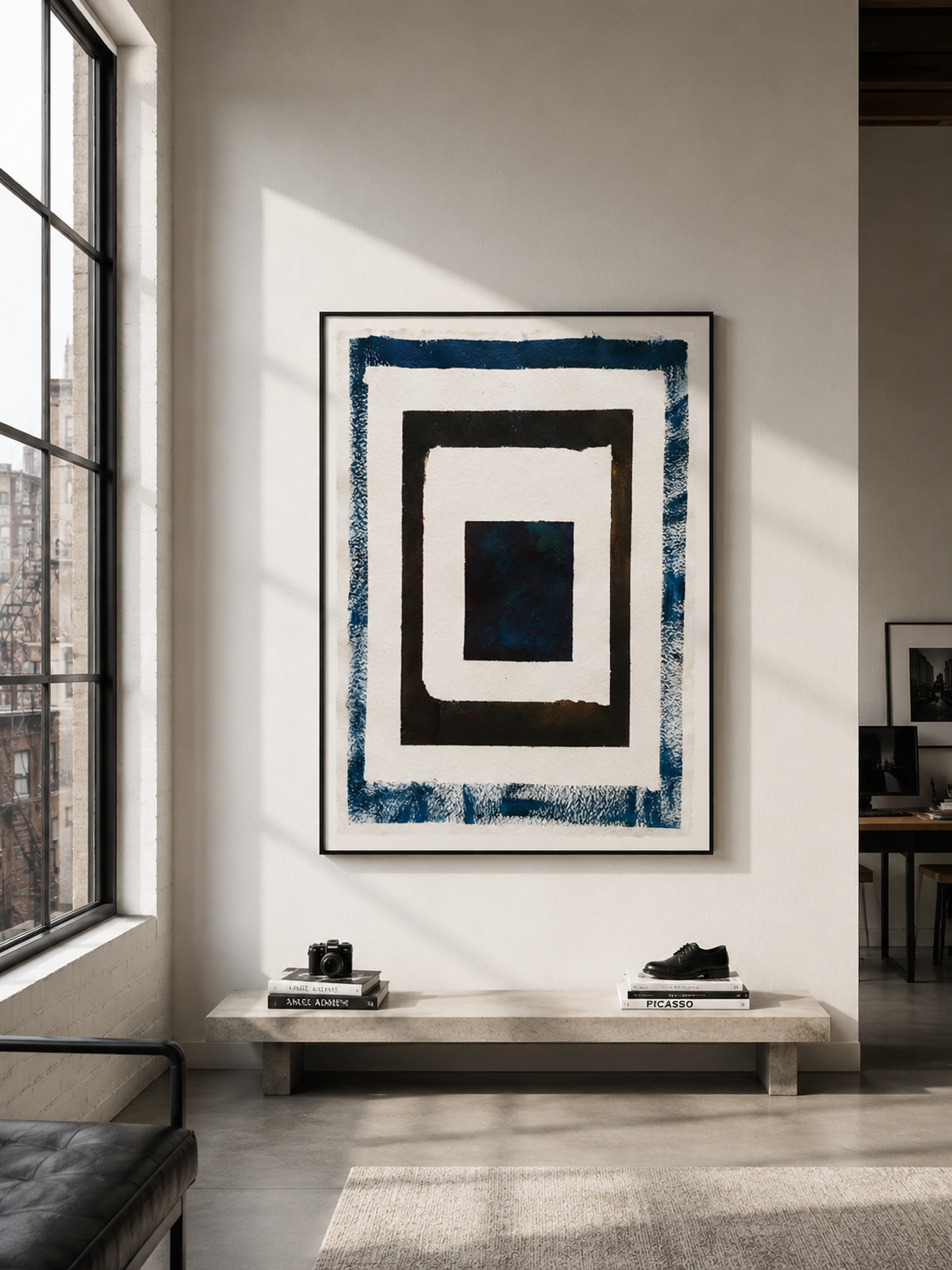 Decoración moderna en interior, con cuadro abstracto en la pared, mesa de muebles con libros, cámara y zapato, cerca de ventana con vista urbana.