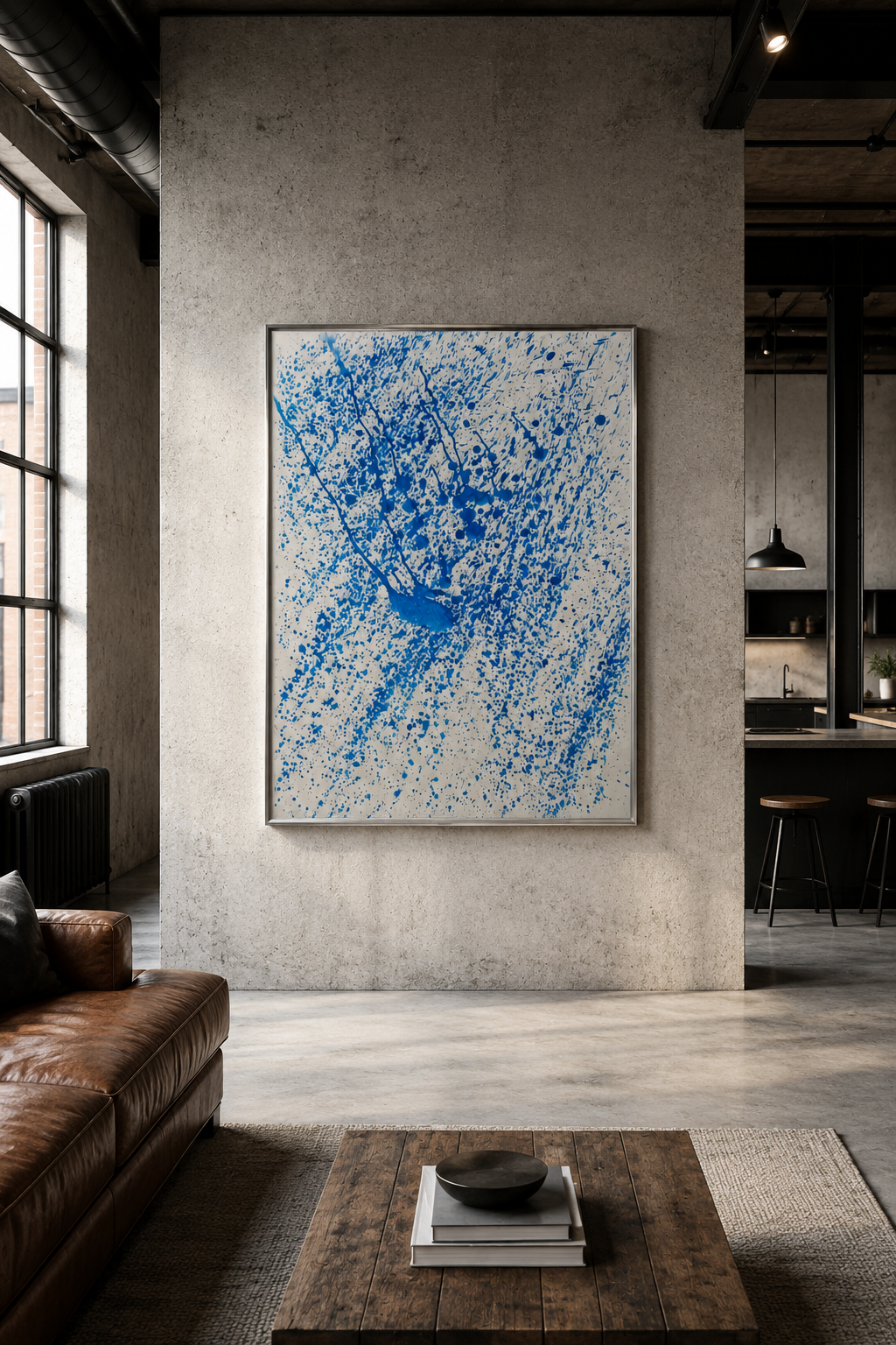 Un cuadro abstracto con salpicaduras de pintura azul en un fondo blanco, colgado en una pared de concreto en una sala moderna con ventana grande a la izquierda y una sala de cocina en el fondo a la derecha.
