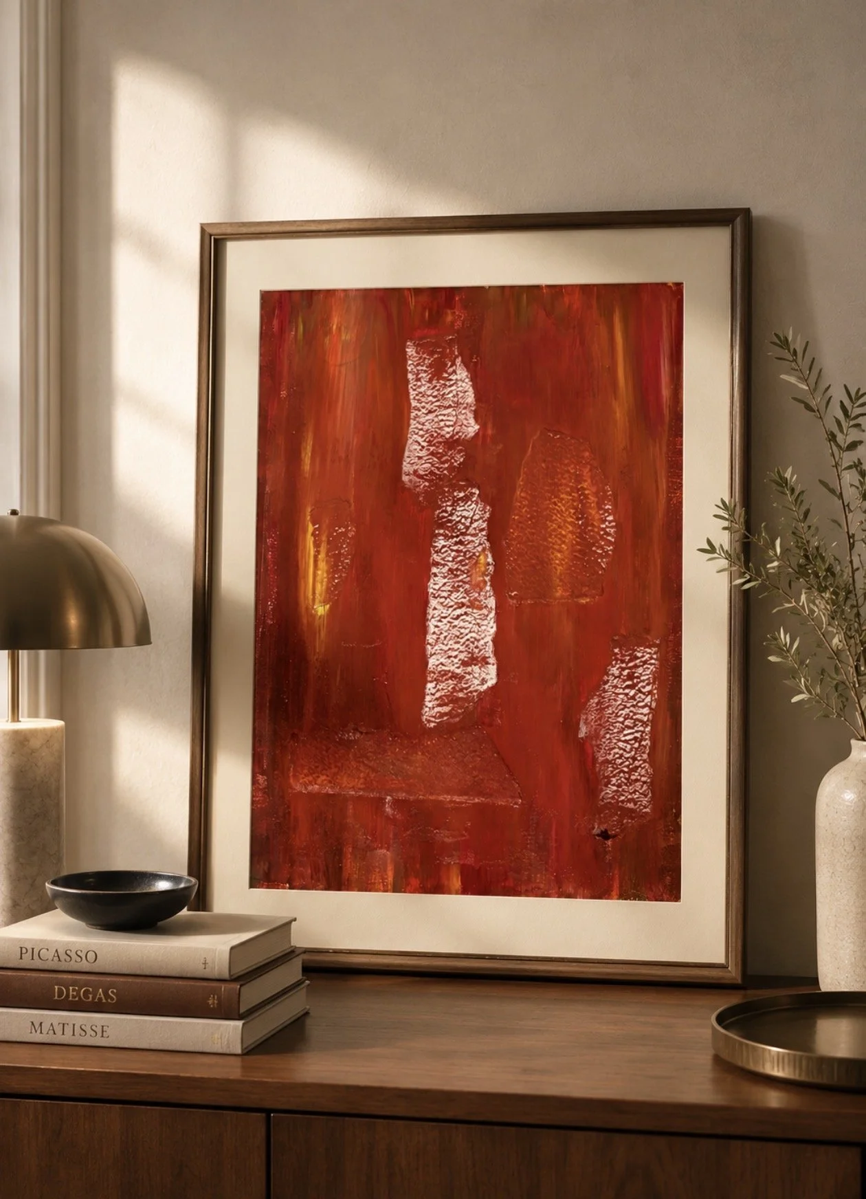 Cuadro abstracto en tonos rojos y dorados colgado en una pared beige. Sobre una mesa de madera, junto a libros y objetos decorativos, hay una lámpara de oro y un jarrón con hojas verdes.