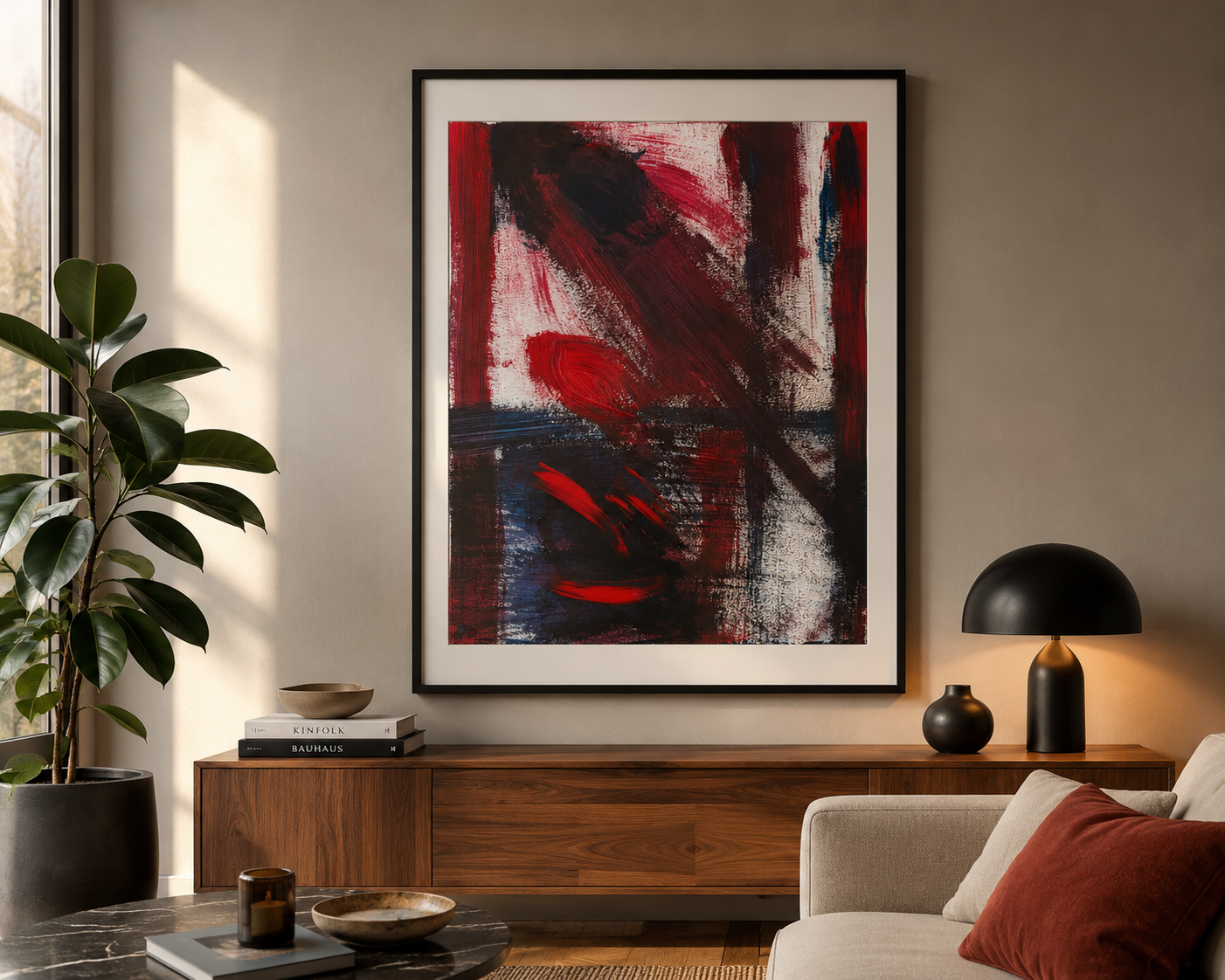 Pared con cuadro abstracto en tonos rojos, negros y azules, con lámpara negra y decoración en sala moderna.