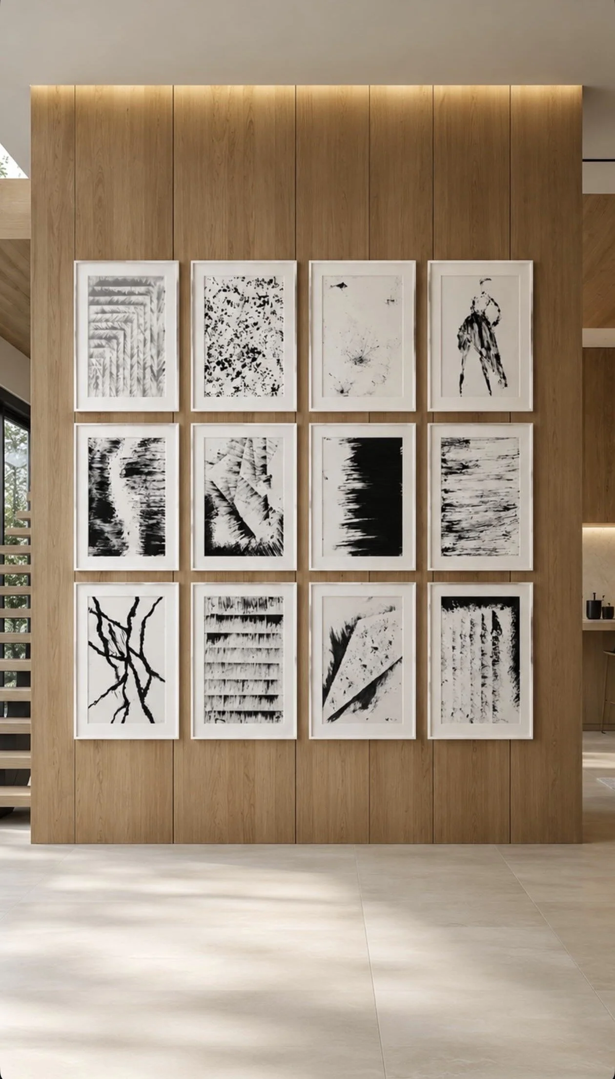 Mural de arte abstracto en blanco y negro con formas y líneas irregulares, colgado en una pared de madera en un interior moderno.