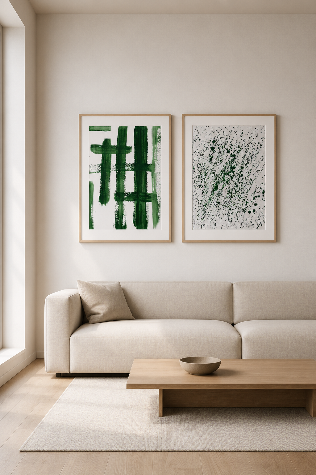 Sala de estar con sofá beige, cojín y mesa de madera con recipiente de cerámica, decorada con pinturas abstractas verdes.