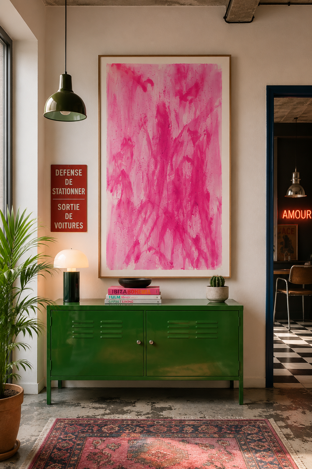 Interior decorativo con una mesa verde, un cuadro grande con pintura rosa, una lámpara, un signo rojo que dice 'Defensa de Stationner, Sortie de Voitures', una planta y algunos libros sobre una mesa. Se ve también una entrada a una habitación con un 