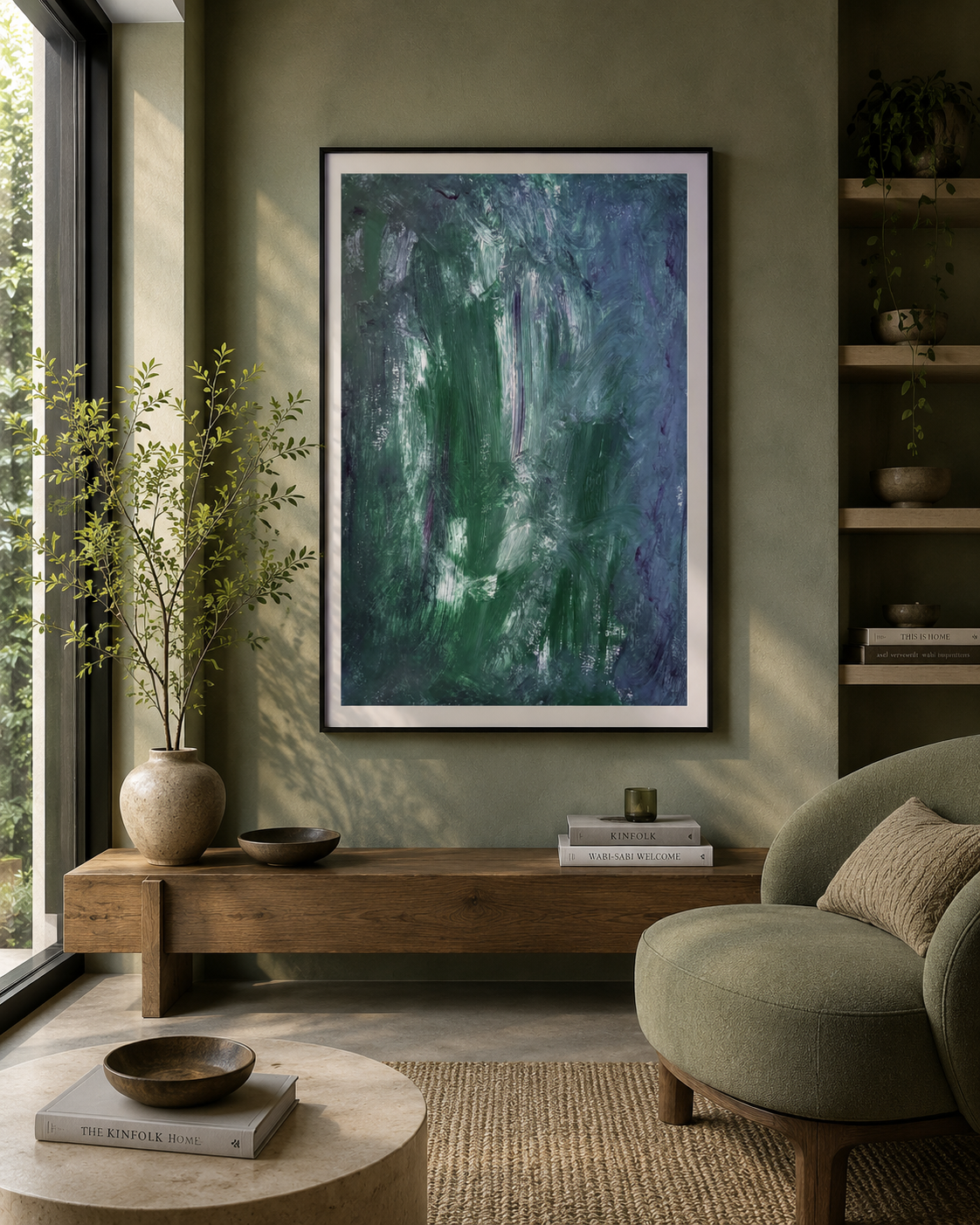 Interior de sala con pared verde, cuadro abstracto enmarcado, planta en jarrón, mesa de madera, libros, y sillón verde con cojín beige.