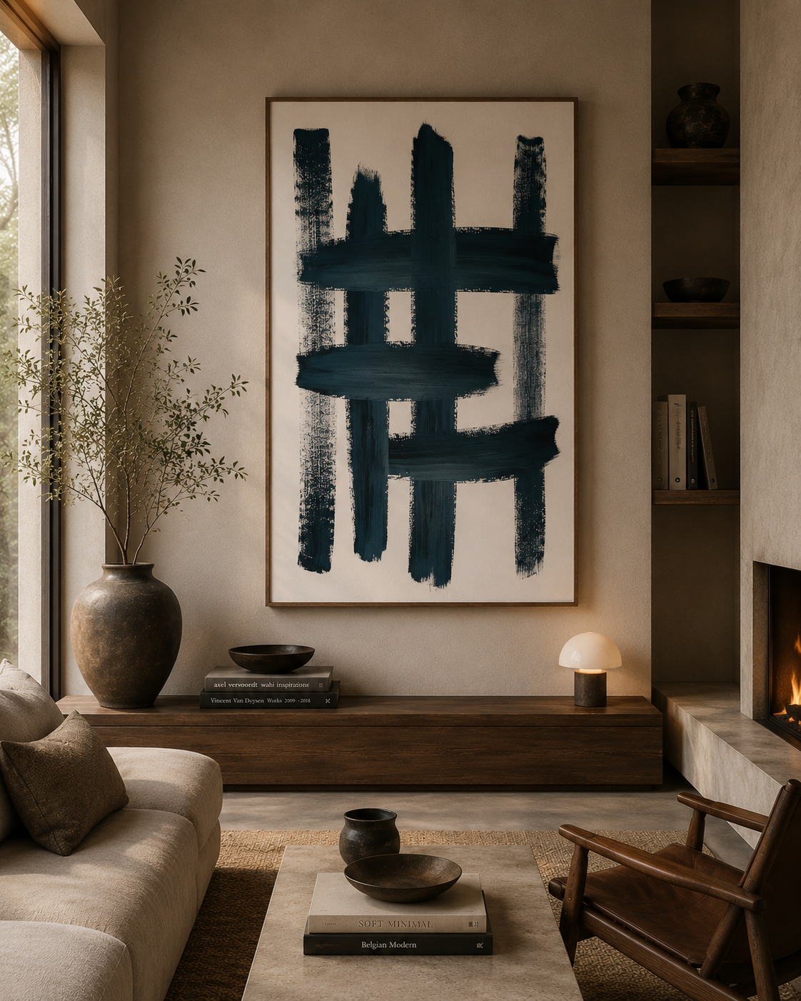 Sala de estar con pared decorada con pintura abstracta en tonos oscuros, jarrón grande con planta, estantería con libros y objetos, chimenea encendida, mesa central con libros y vasijas, sofá beige, edredón y cojines, y una lámpara decorativa junto a