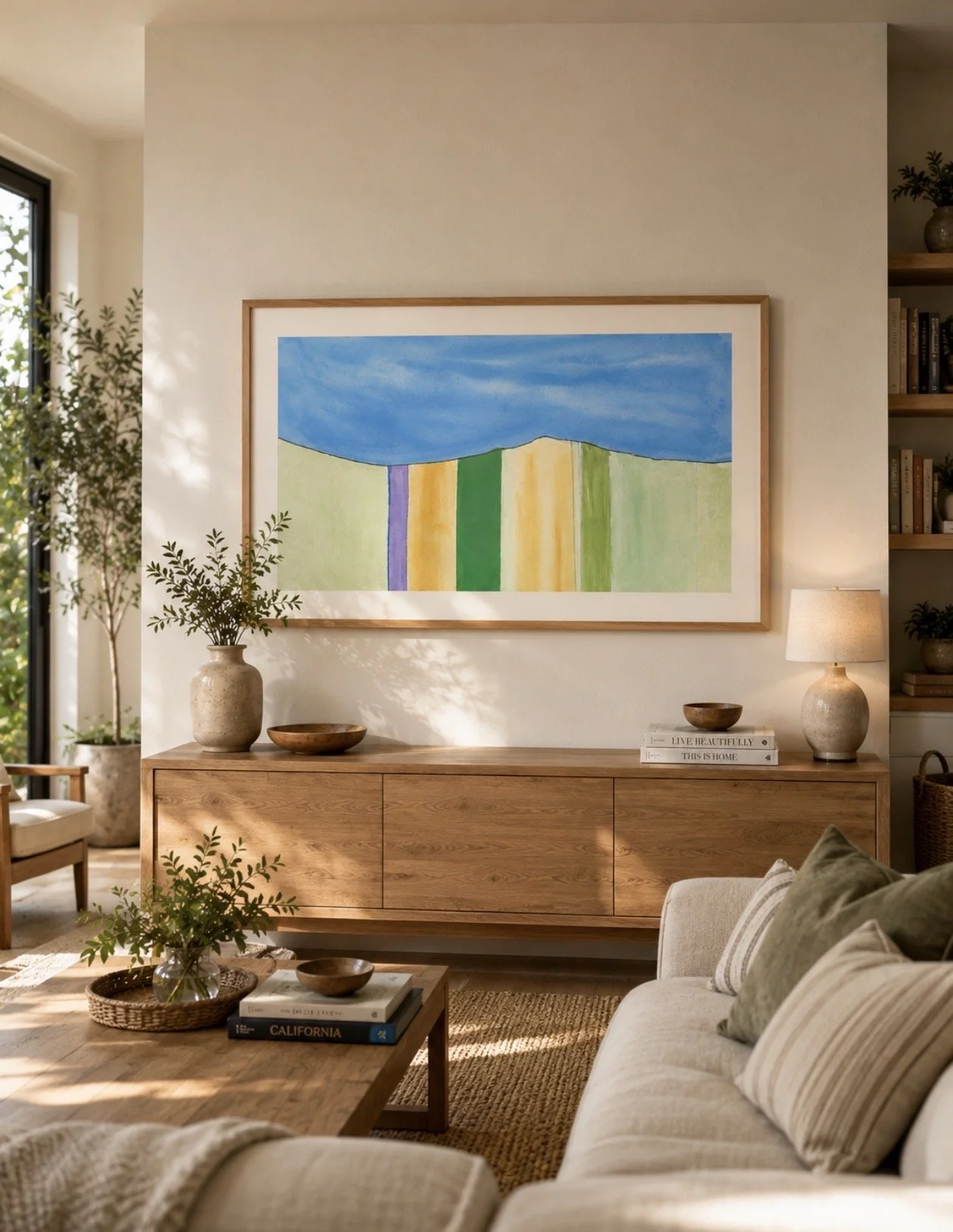 Sala de estar con pared decorada con un cuadro colorido, un mueble de madera con jarrones, lámpara y libros, y un sofá con cojines, rodeada de plantas y luz natural.