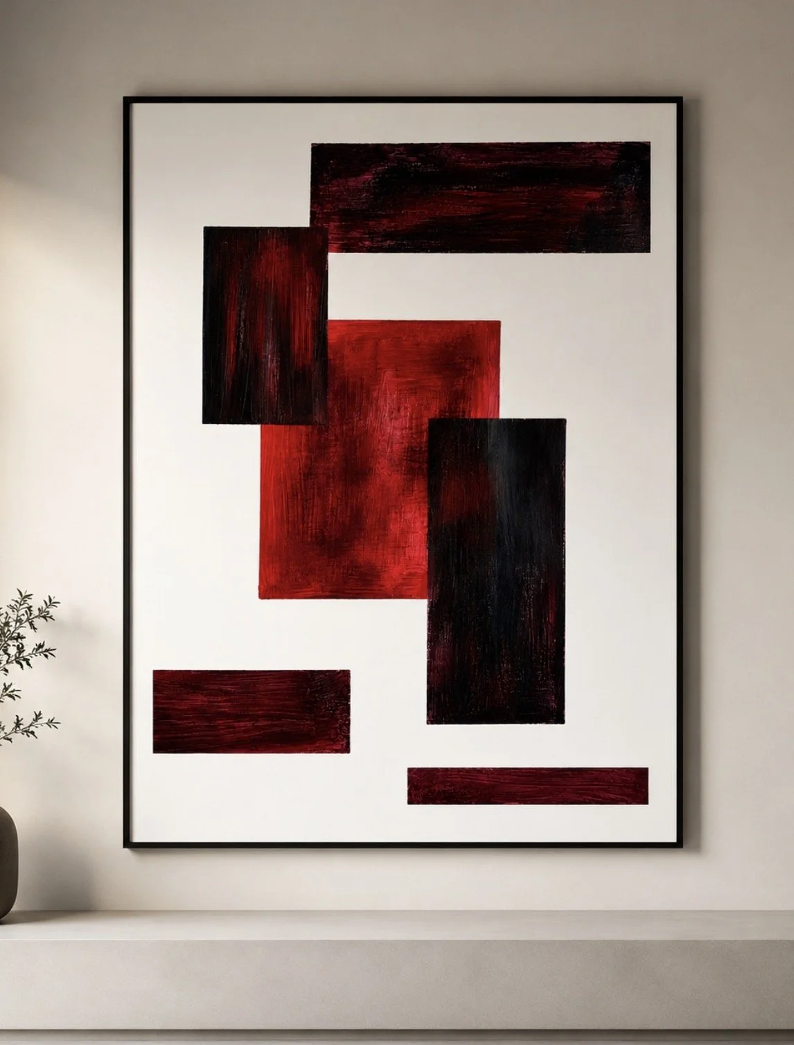 Cuadro abstracto con bloques de colores negro y rojo en fondo blanco.