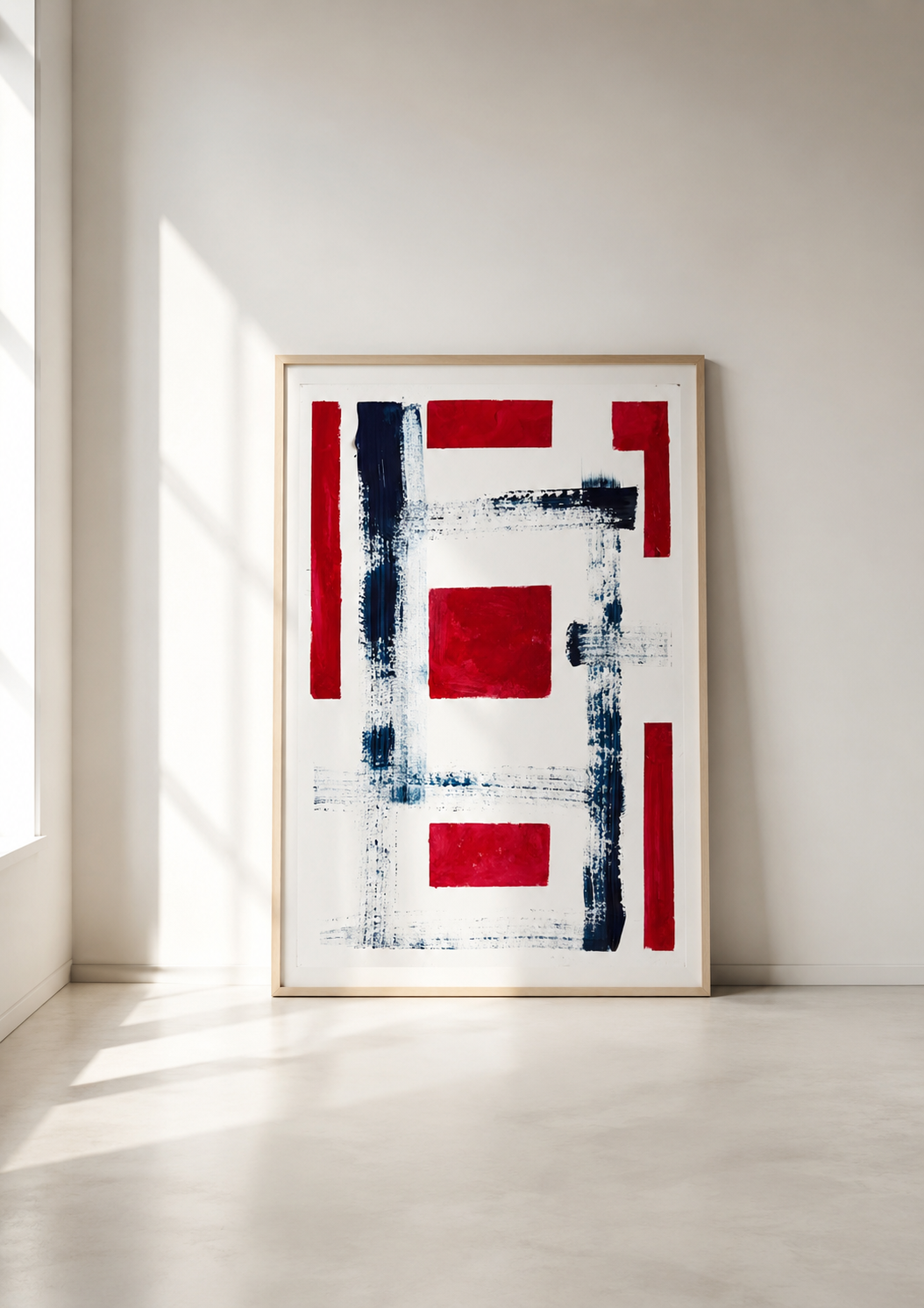 Cuadro abstracto con formas rectangulares en rojo y azul en un muro blanco, en un ambiente luminoso con luz que entra por una ventana.