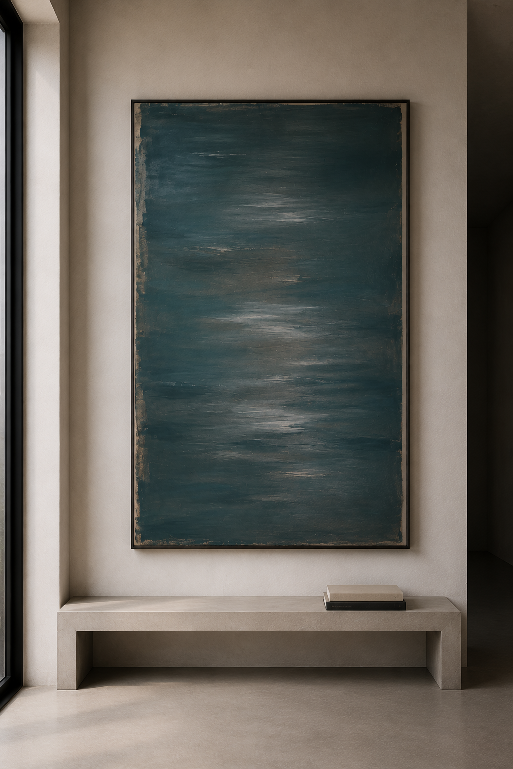 Cuadro abstracto en tonos azules y grises, montado en la pared de una sala moderna con banco de concreto y algunos libros