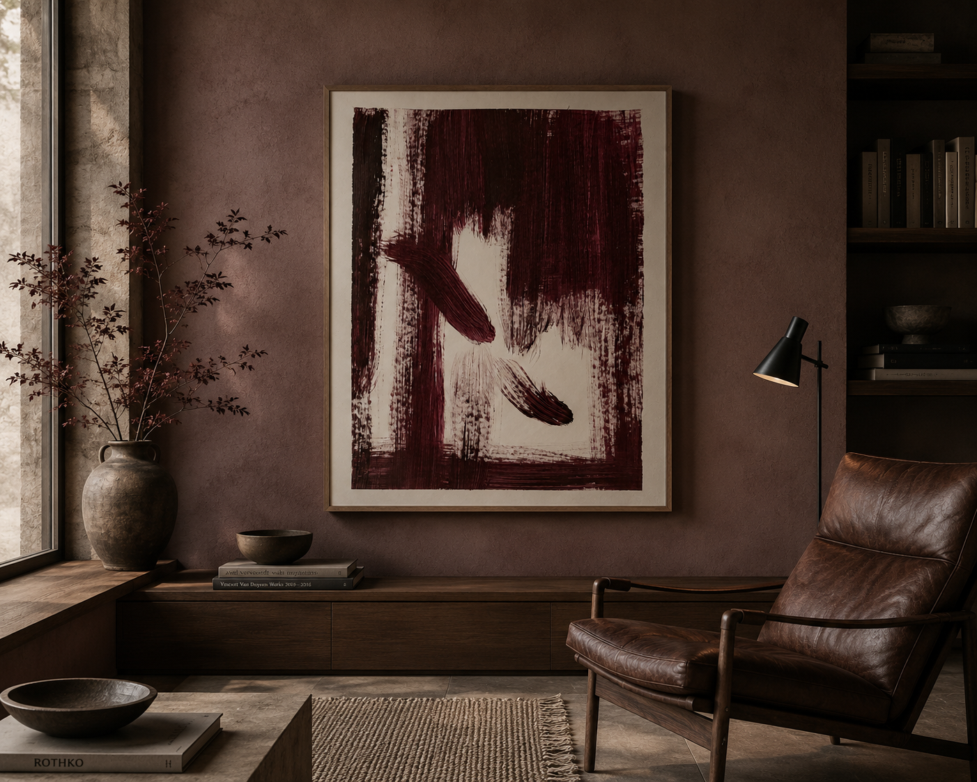 Sala de estar con pared de color marrón, una pintura abstracta en tonos burdeos y blanco, una planta en una vasija, una lámpara de pie, una silla de cuero marrón y un estante con libros y objetos decorativos.