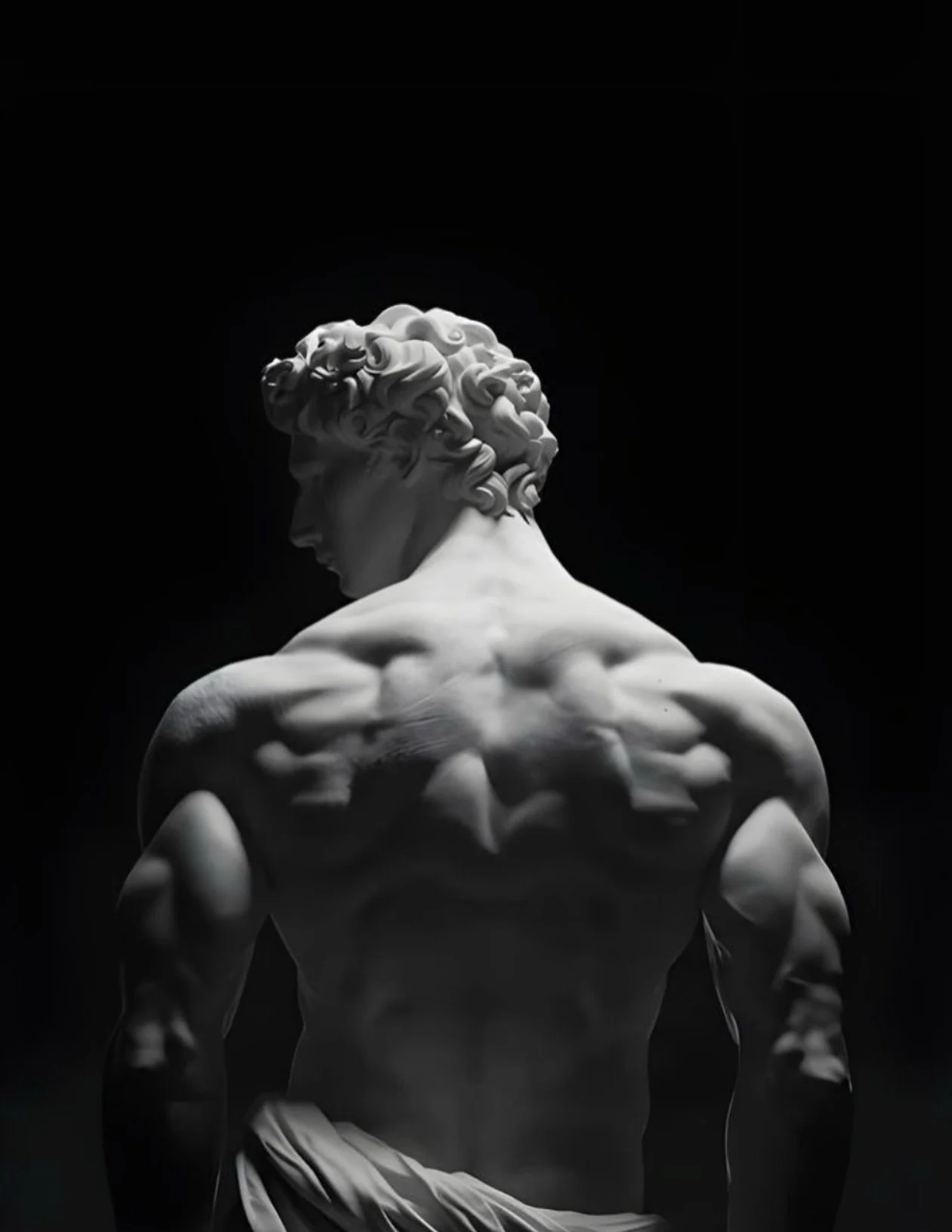 Escultura de un torso y cabeza musgosa, en color blanco, con fondo negro.