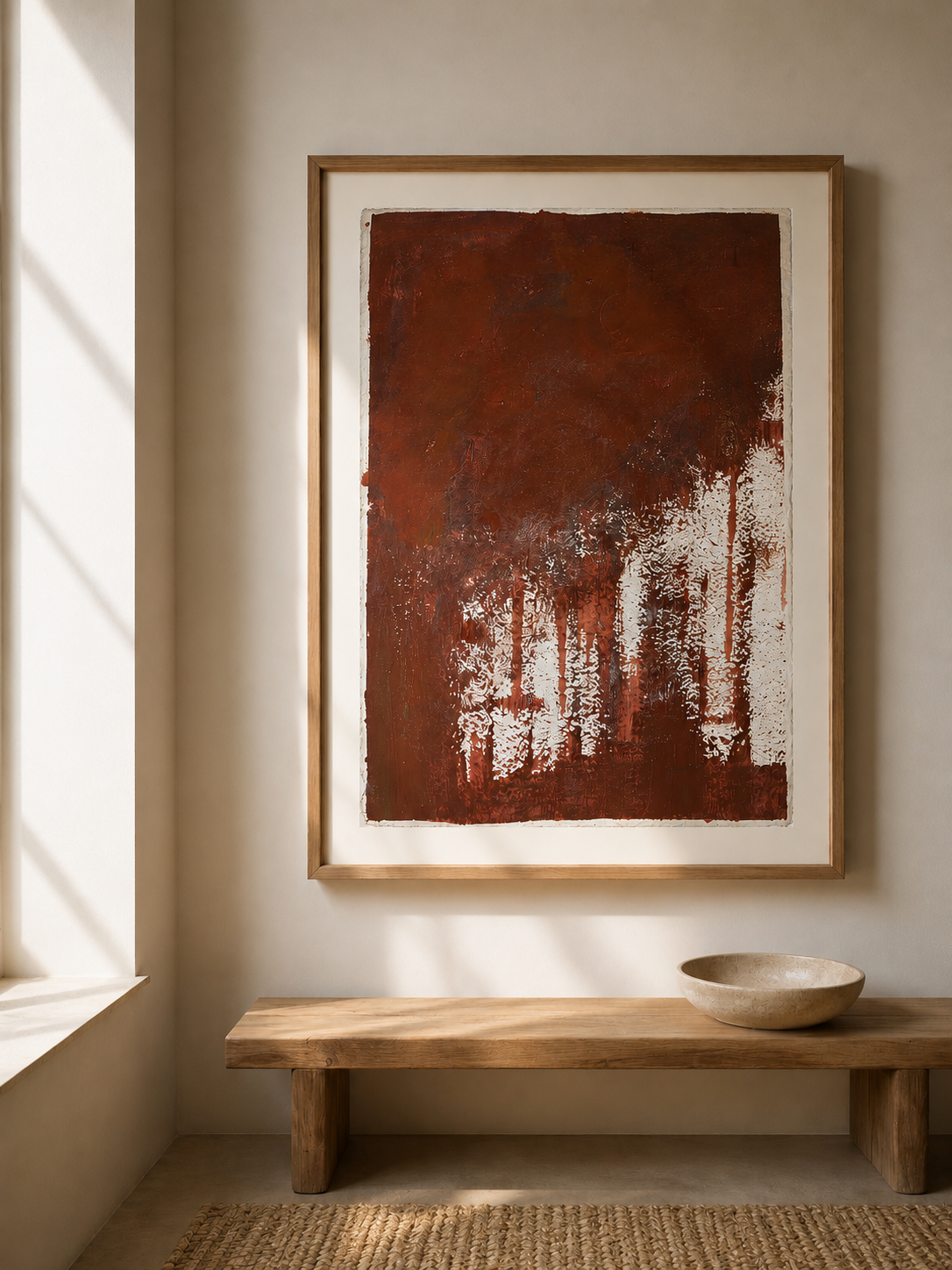 Cuadro moderno con paisaje de árboles rojos en un marco de madera, en una pared beige, junto a un banco de madera y un jarrón de cerámica, en una habitación con luz natural.