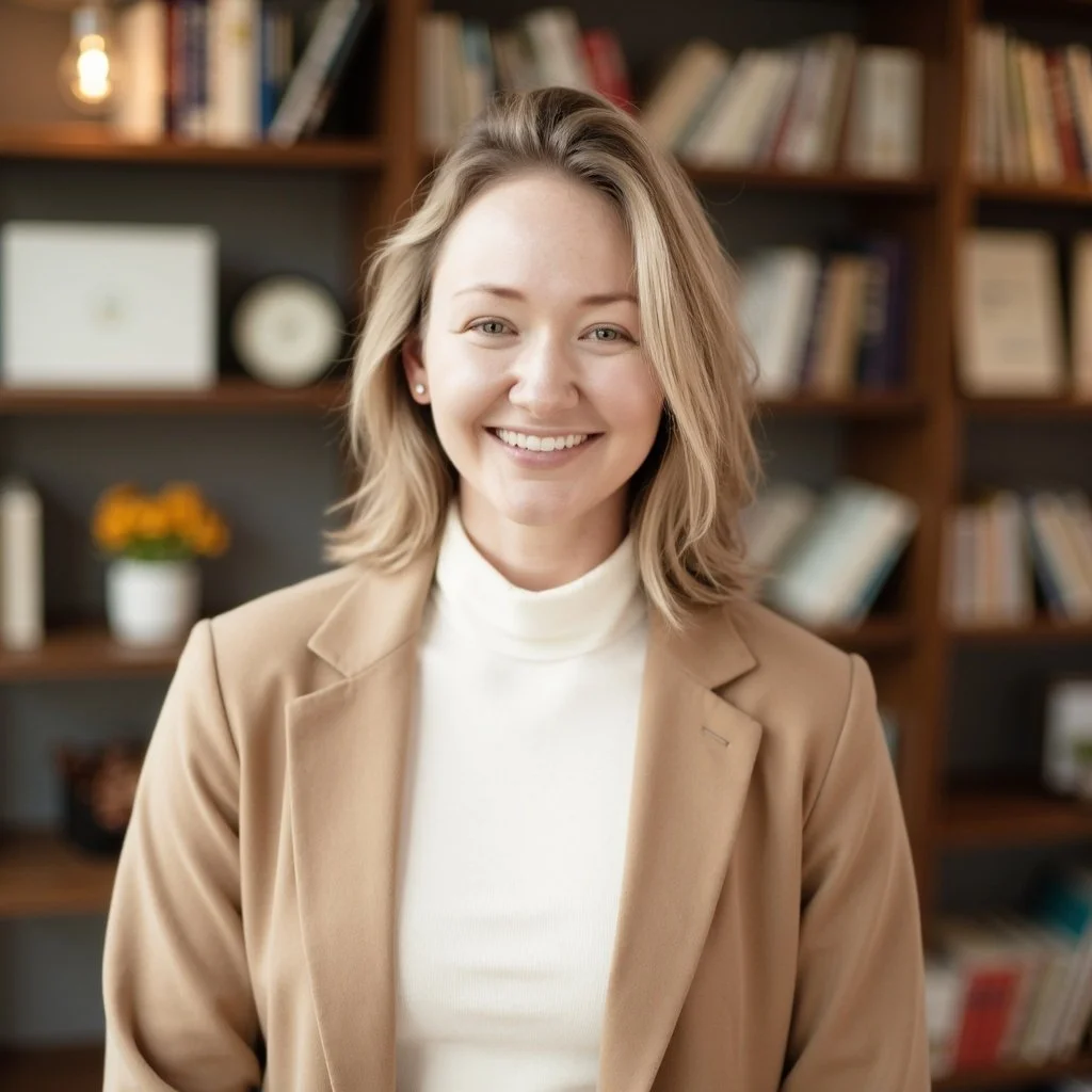 Heather Gilbert is in Colorado. She is a clinical counselor pictured smiling while standing in front of a bookshelf.