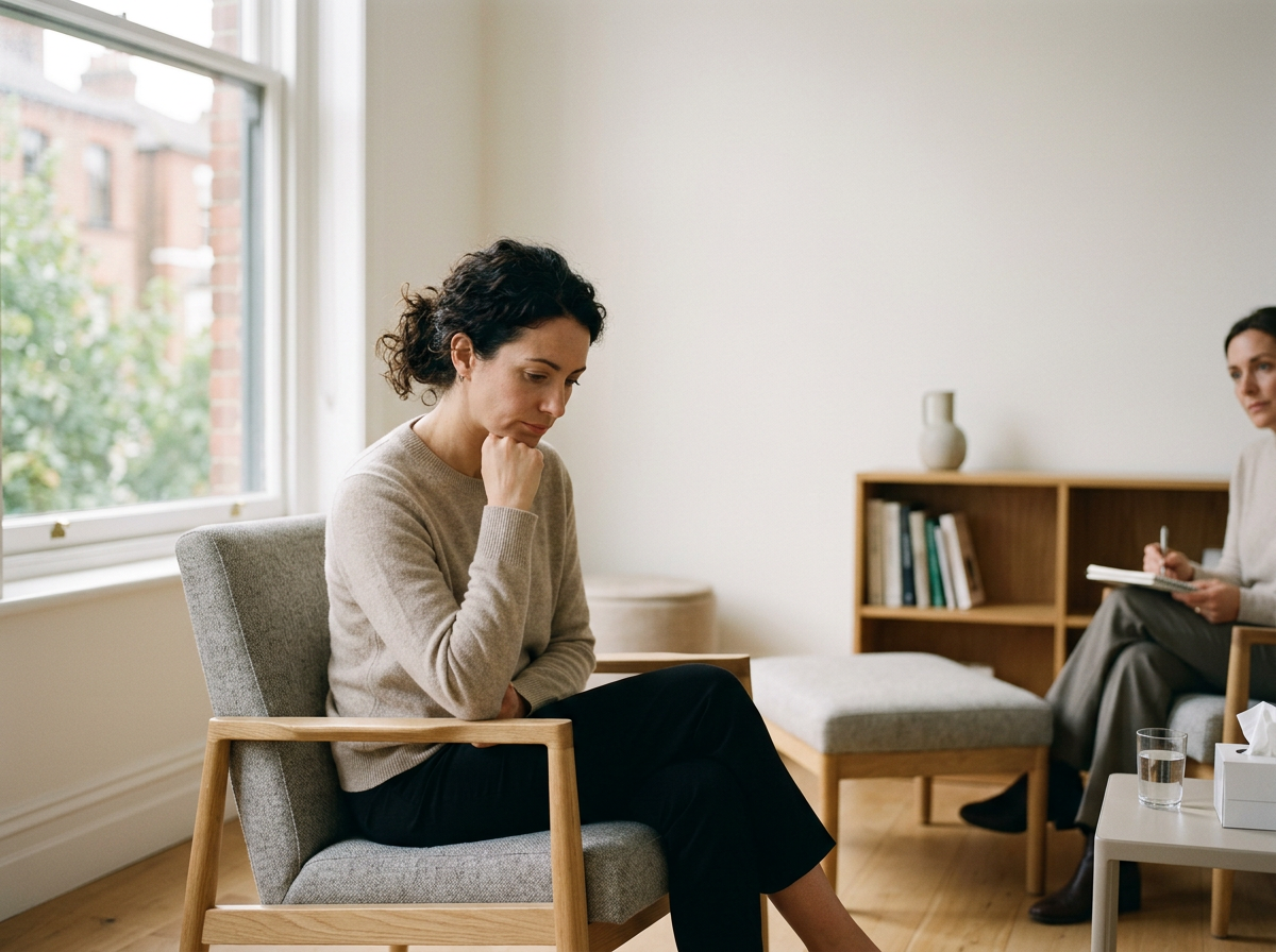 A woman sitting in a therapist's office with her hand on her chin, listening thoughtfully. Another woman, presumably the therapist, is sitting with a notebook and pen, ready to take notes.