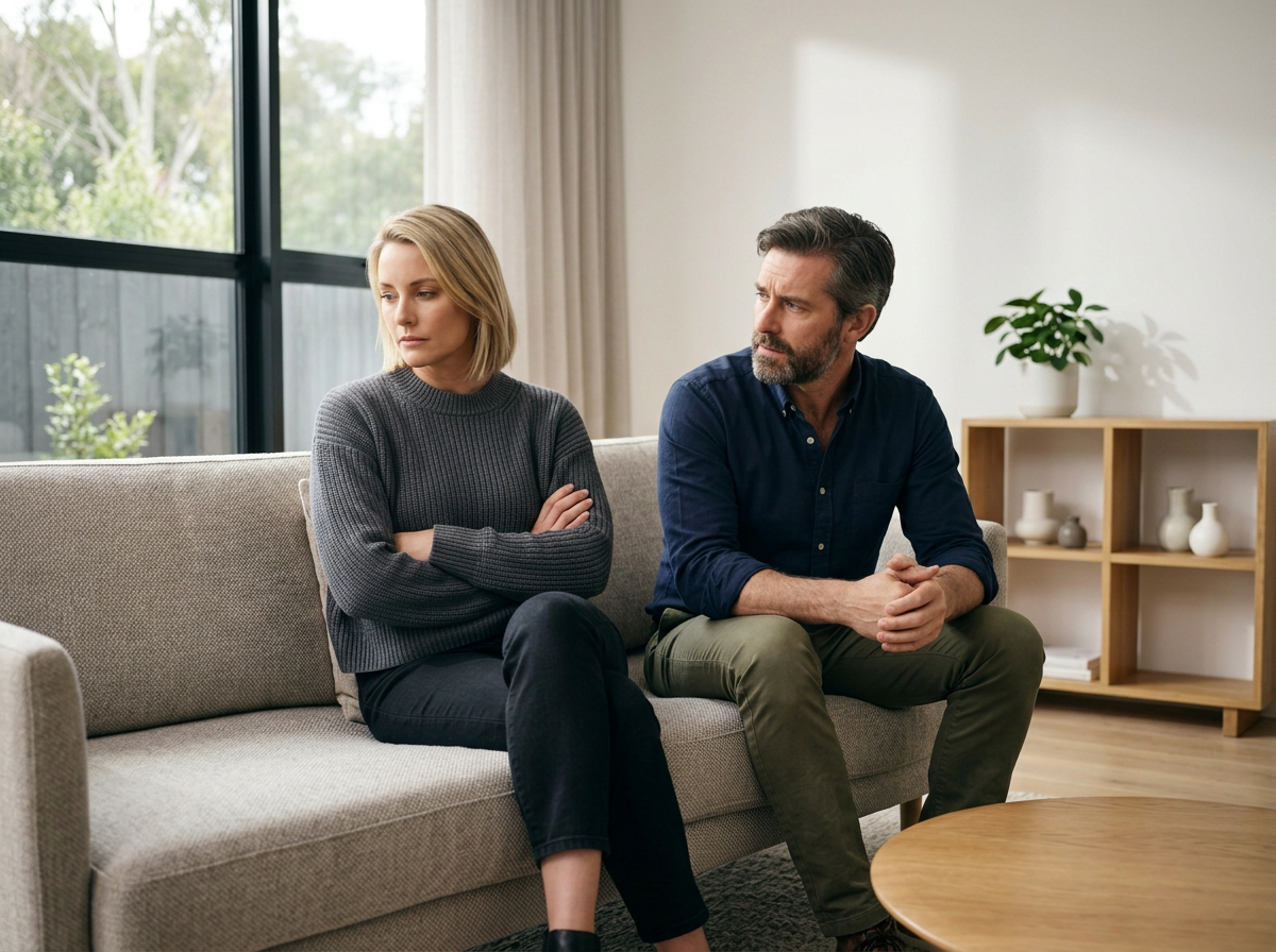 A woman and a man sitting on a beige couch in a living room, looking serious and upset. The woman has crossed arms and is looking away, while the man has hands clasped and is looking at her. Behind them is a large window with greenery outside, and a wooden shelf with decorative items and a potted plant.