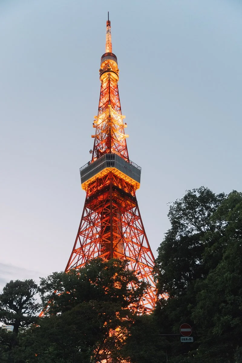 Tokyo Tower illuminated at dusk, seen from below with trees in the foreground.