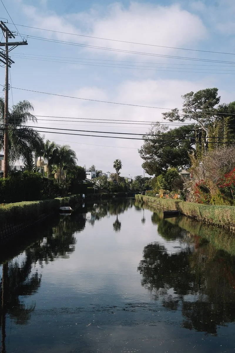 A peaceful waterway lined with trees and shrubs, reflecting the sky and greenery on a clear day with some clouds, overhead power lines crossing the scene.