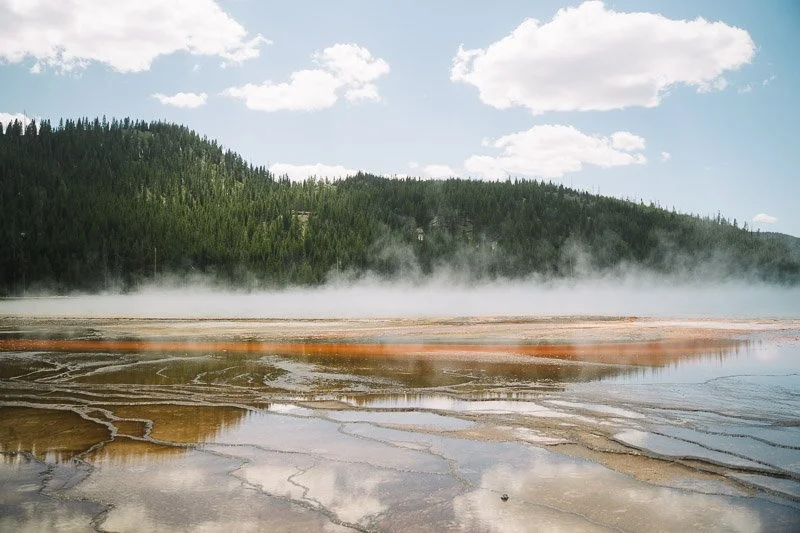 Steam rises from a geothermal hot spring in a natural landscape with a forested hillside and partly cloudy sky.