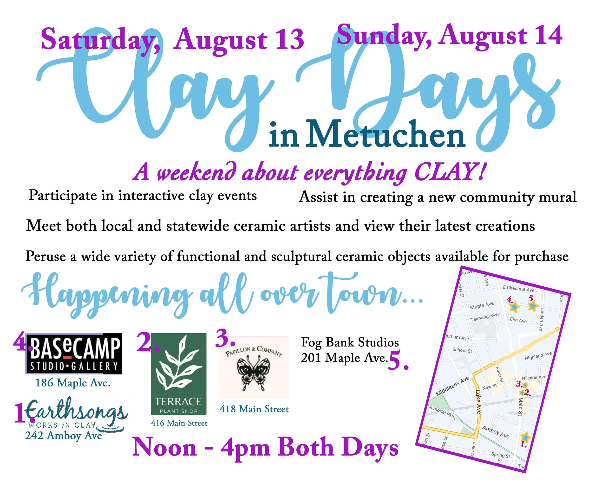 City map with event poster overlay. The poster advertises a clay event happening on Saturday, August 13, and Sunday, August 14, at various local galleries and studios. It mentions participation in interactive clay events, creating a community mural, 
