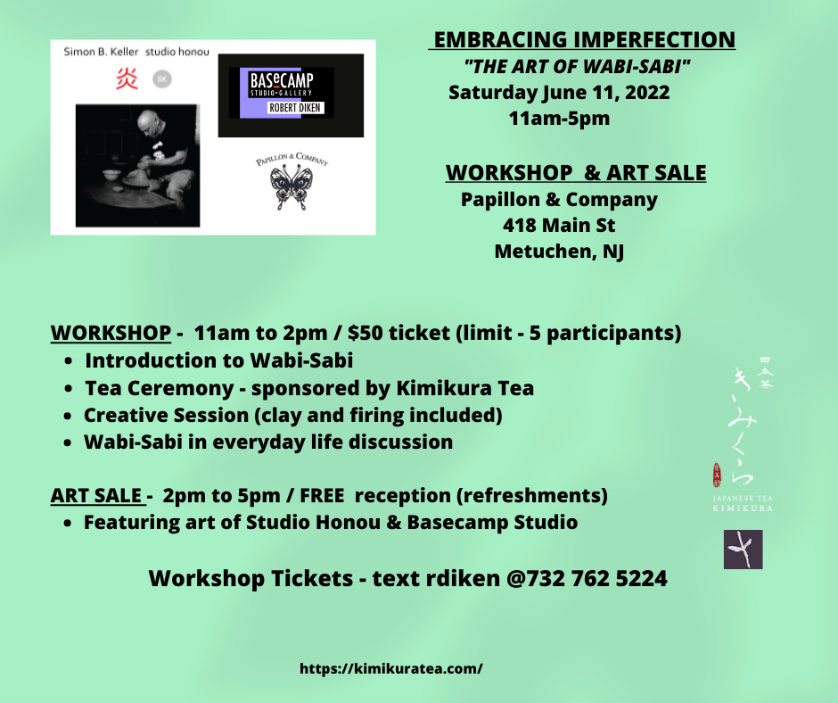 Event poster for 'Embracing Imperfection: The Art of Wabi-Sabi' on June 11, 2022, from 11 am to 5 pm at Papillon & Company, Metuchen, NJ. Features workshop and art sale, including activities like an introduction to Wabi-Sabi, tea ceremony, creative c