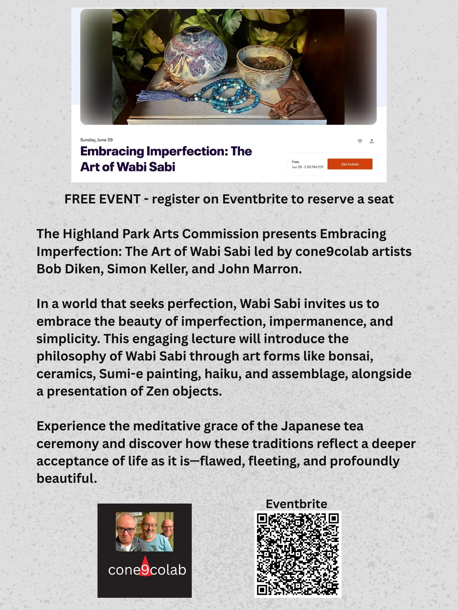 Event flyer for a free event titled 'Embracing Imperfection: The Art of Wabi Sabi' presented by Highland Park Arts Commission, featuring ceramic, bonsai, Sumi-e painting, haiku, and Zen objects, encouraging acceptance of life's imperfections through 