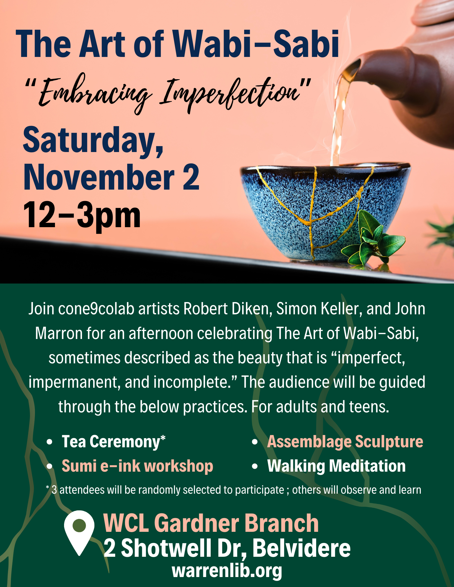 A promotional flyer for an event titled "The Art of Wabi-Sabi: Embracing Imperfection" scheduled for Saturday, November 2, from 12 to 3 pm. The flyer features a close-up of a steaming blue and black ceramic bowl with gold and green accents on a peach