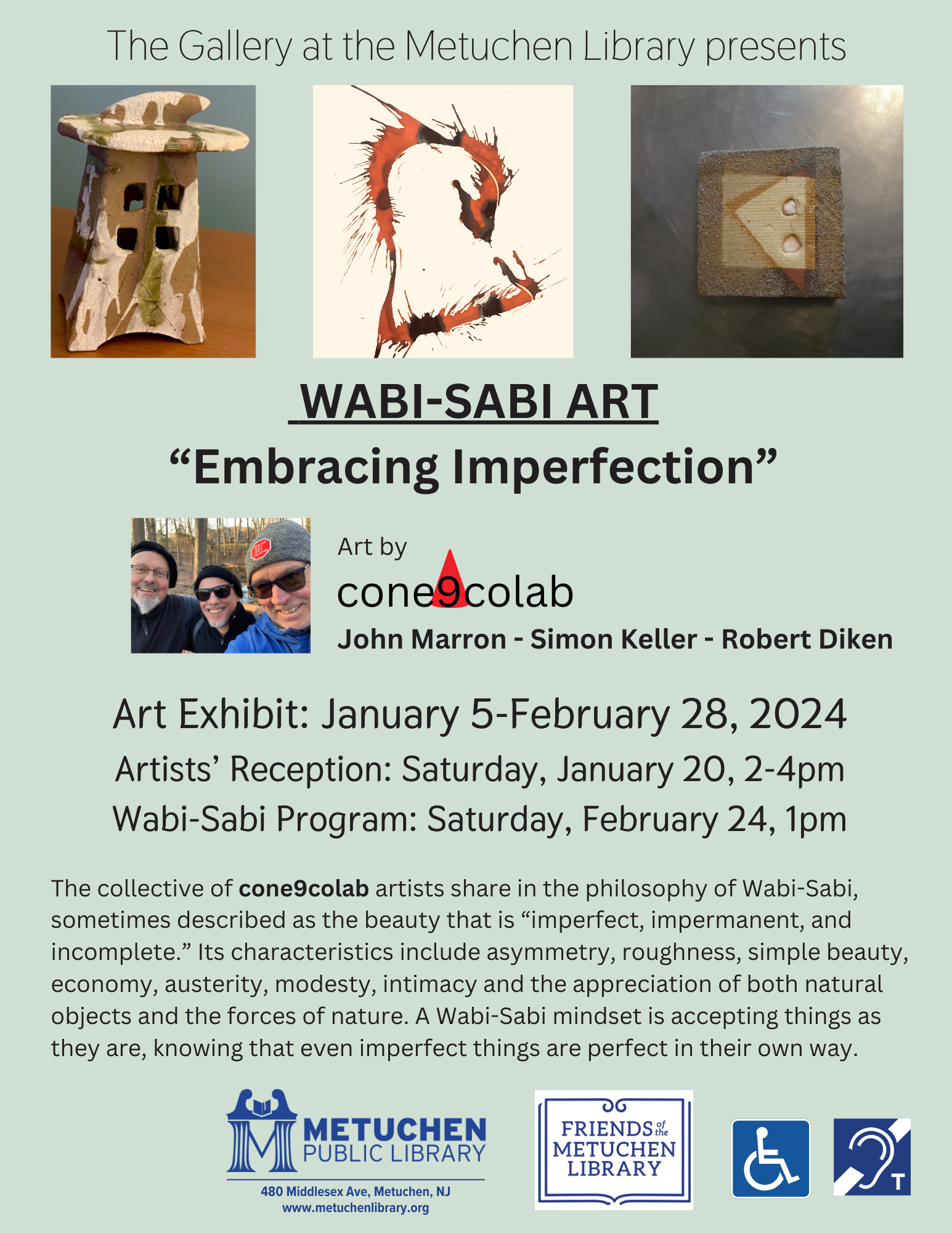 Poster advertising an art exhibit titled 'Embracing Imperfection' by cone9colab. The poster features three images of art pieces, a group photo of three people, and logos of Metuchen Public Library and Friends of the Metuchen Library. The exhibit runs
