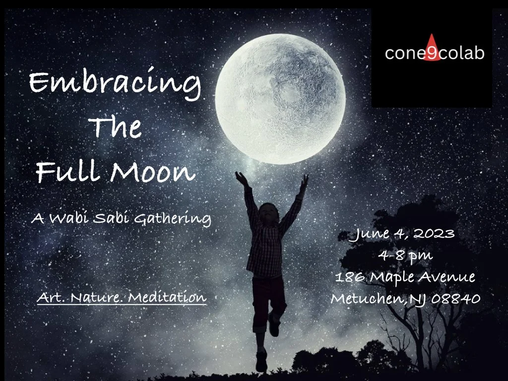A flyer for an event titled 'Embracing The Full Moon' features a person silhouetted against the night sky with the full moon behind them, reaching up. The background shows a starry sky with the moon prominently displayed. The event details include da