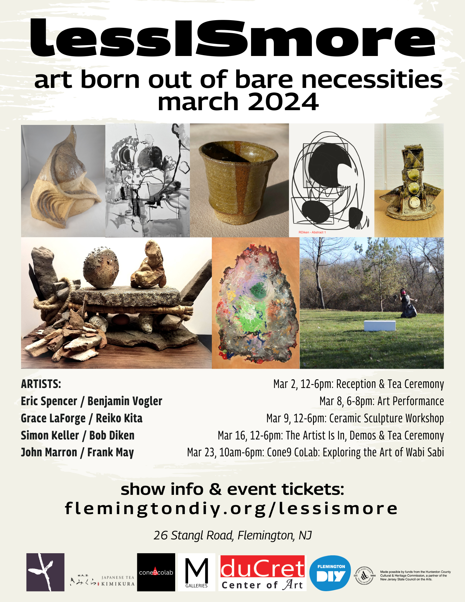 A poster for the Less is More art show featuring various artworks including ceramic sculptures, paintings, and mixed media pieces, with event details and artist names listed. The show includes multiple events from March 2 to March 23 and is held at 2
