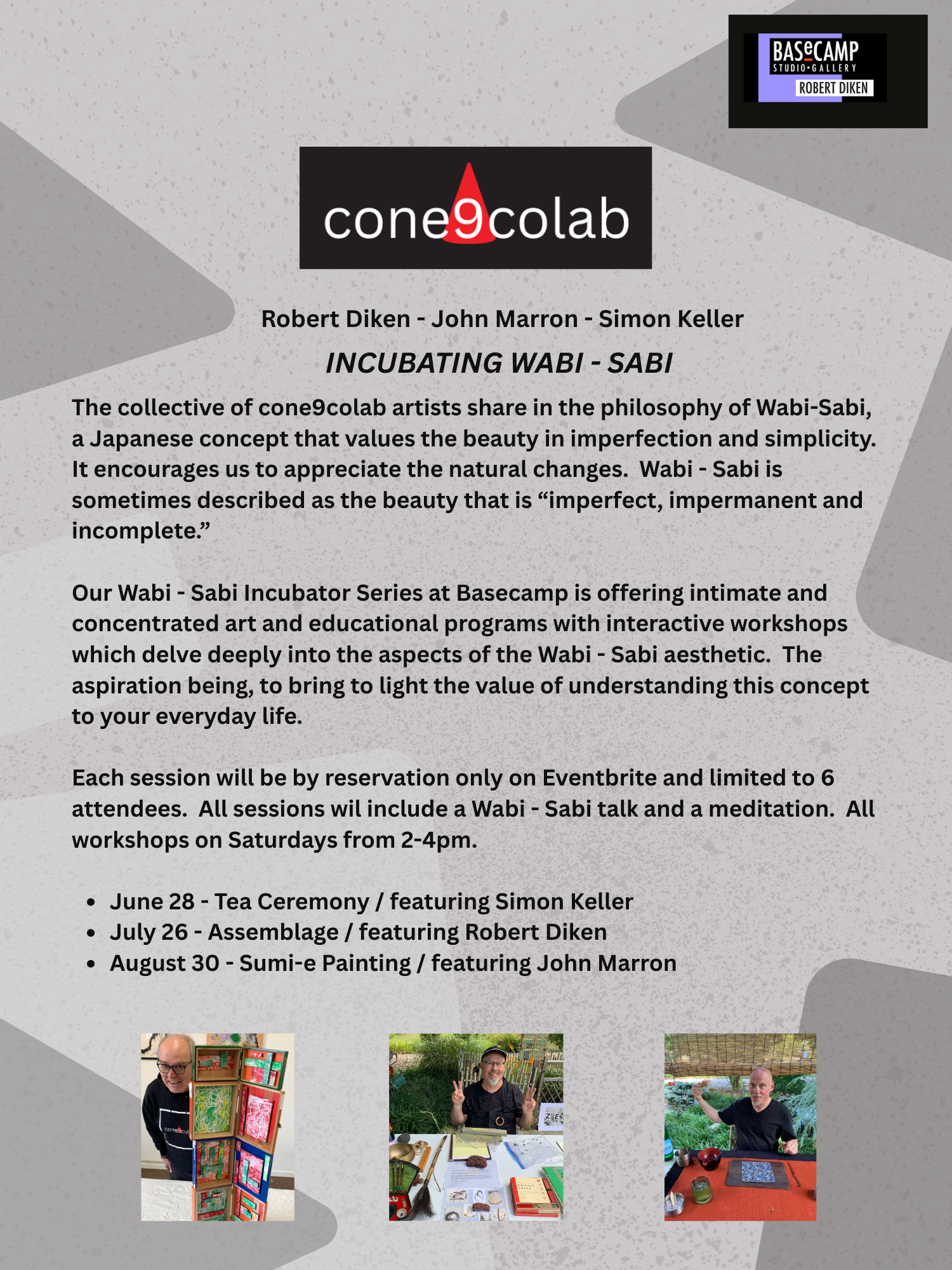 Event poster for cone9colab about the Wabi-Sabi philosophy, featuring photos of three artists and their artwork, with details of upcoming workshops and sessions.
