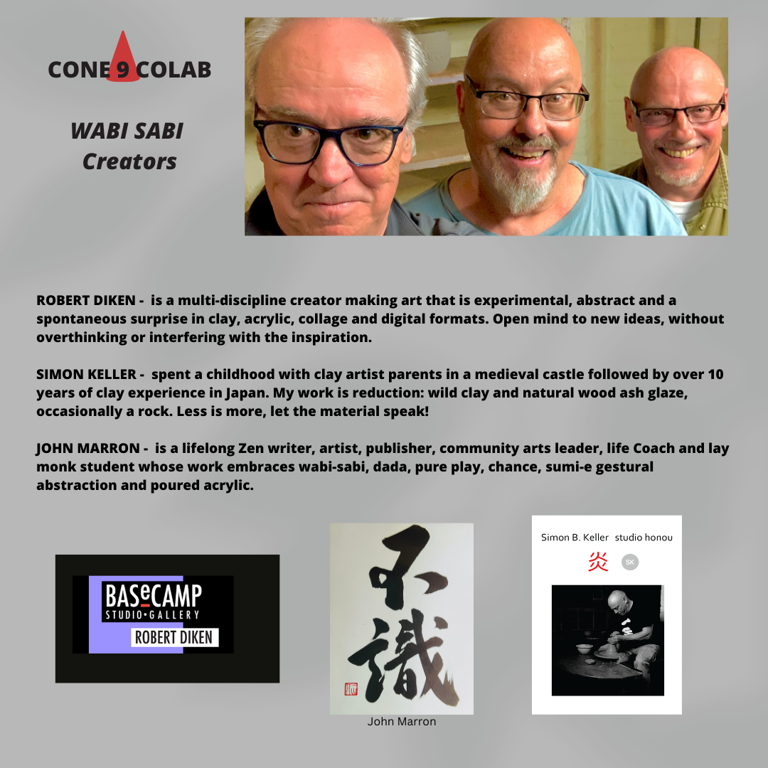 A promotional poster featuring three men with glasses smiling in a close-up photo, with a wabi-sabi art theme. The top left contains the event logo with a red droplet and the text 'CON9COLAB' and 'WABI SABI Creators.' Below are descriptions of the th
