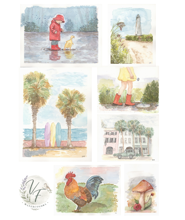 Gallery collection of watercolor illustrations featuring original art by Valerie Feliciano, with a logo reading 'VF Watercolors' in the corner.