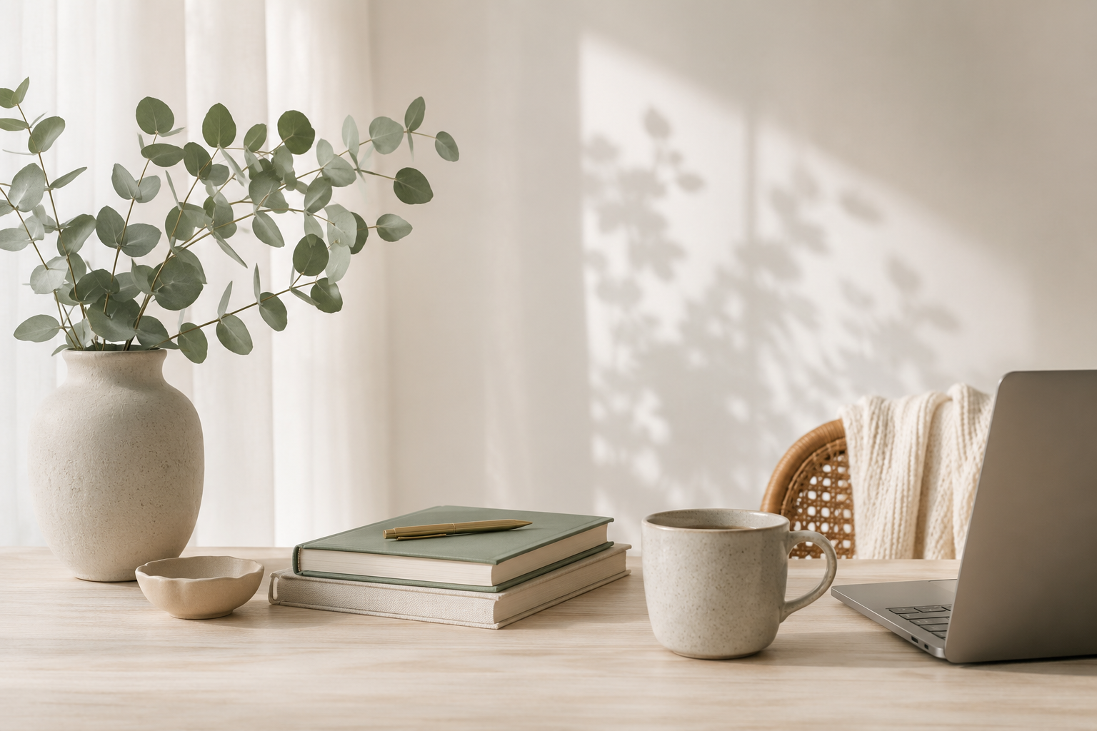 Minimalist workspace with a large potted eucalyptus plant, two stacked books with a gold pen on top, a ceramic mug, a small bowl, and an open laptop on a light wooden desk, with sunlight and shadows creating a cozy atmosphere.
