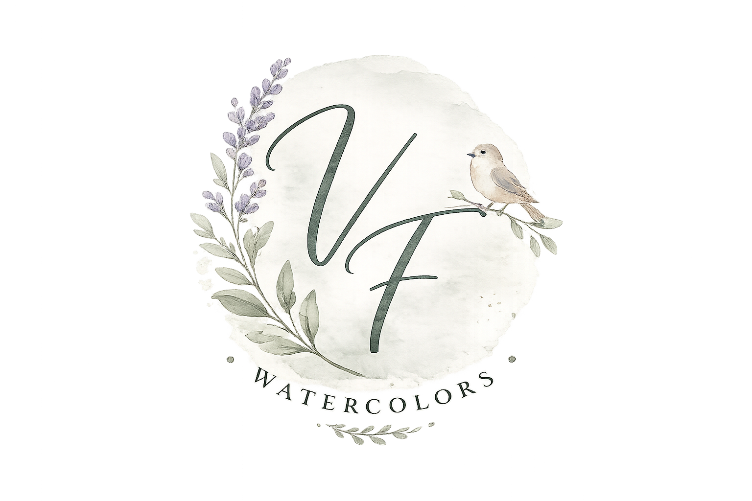 Watercolor logo with the letters 'VF', a lavender branch, and a small bird sitting on a branch, with the word 'WATERCOLORS' underneath.