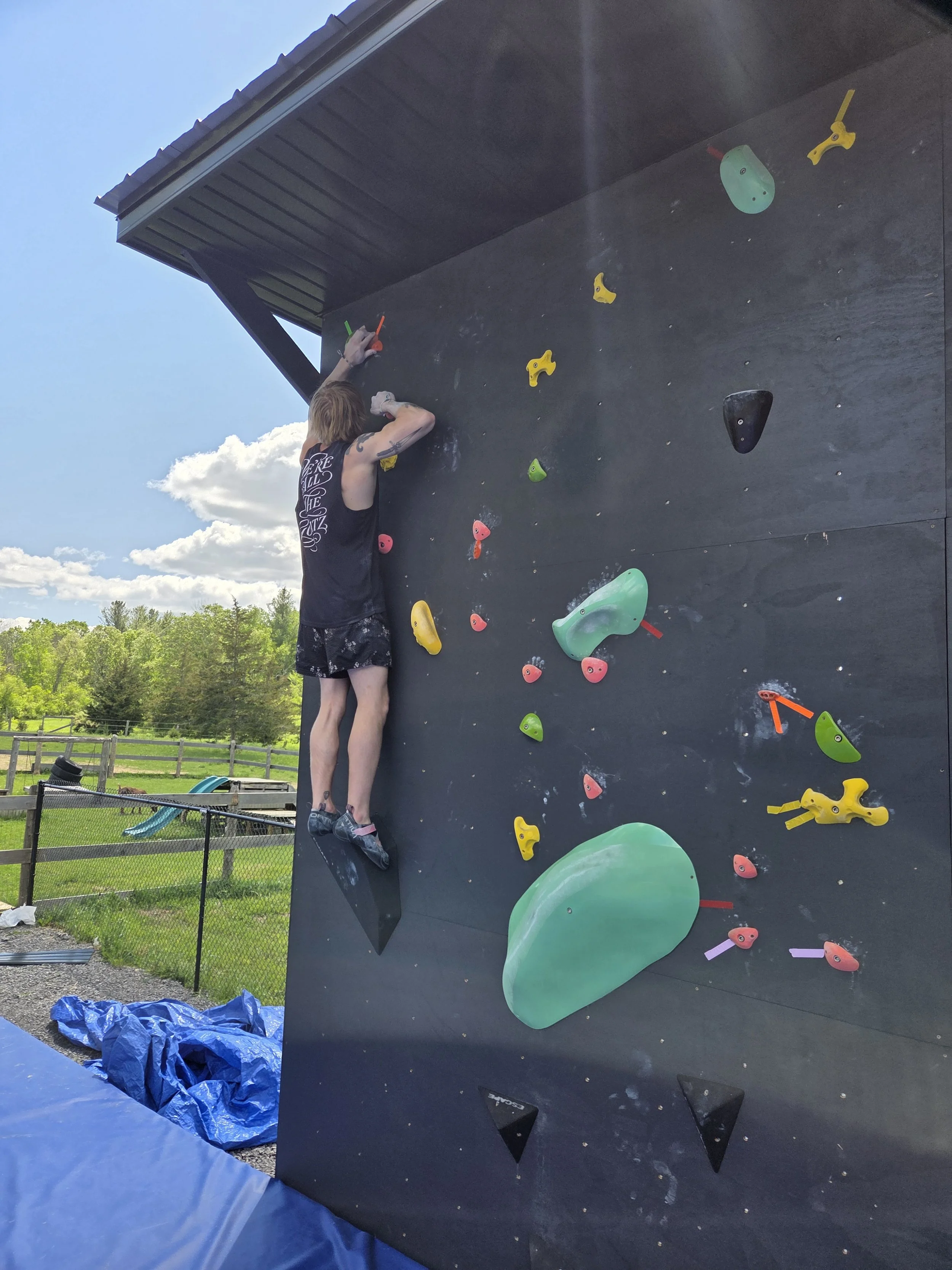 A person climbing an outdoor rock climbing wall with various colorful holds, under a blue sky with clouds, with a farm landscape in the background.