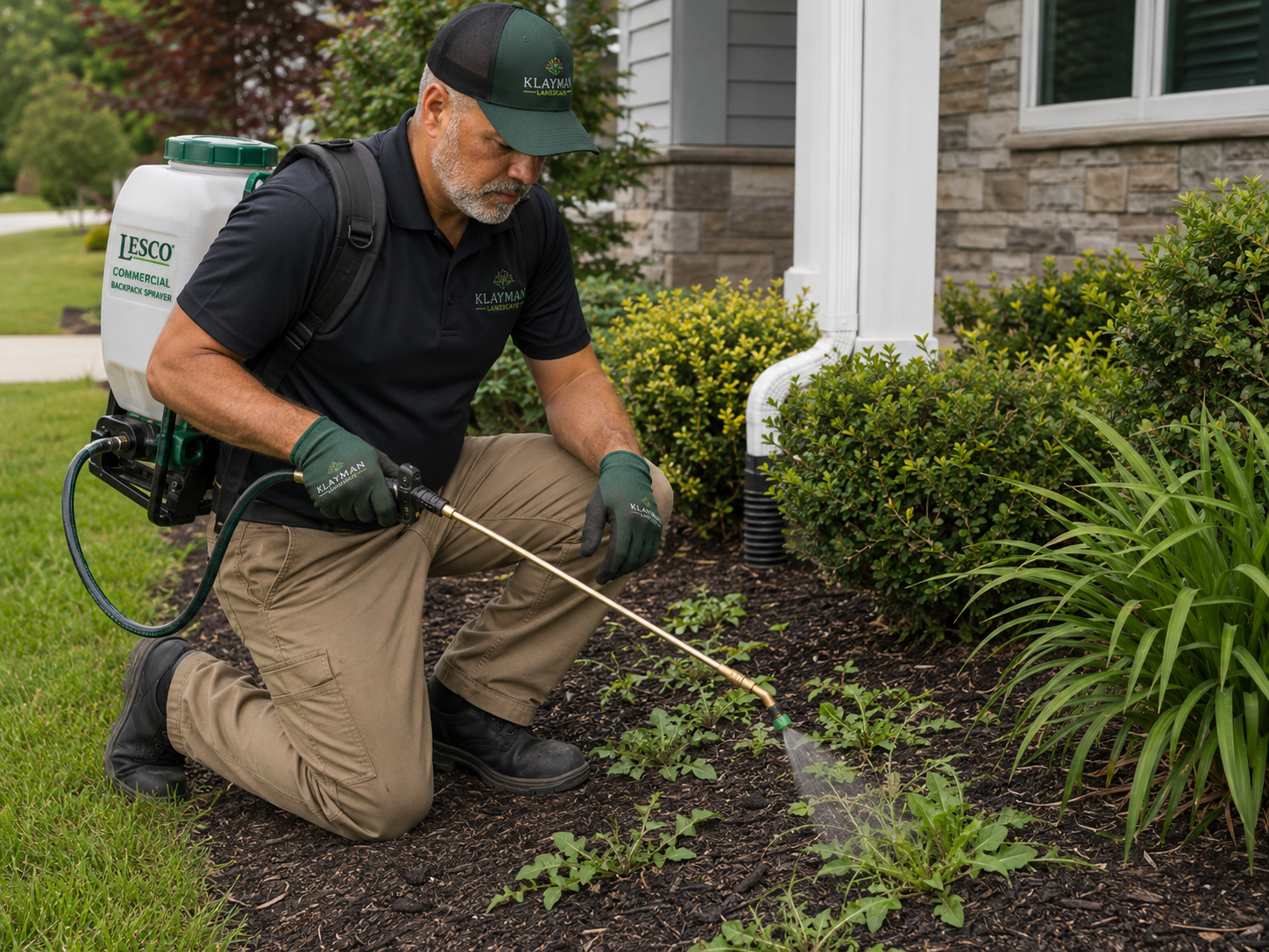 Klayman Landscapes applying weed control in a residential garden bed