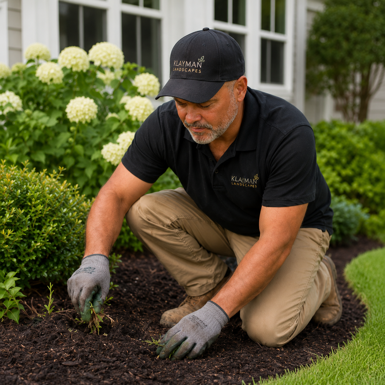 Klayman Landscapes planting a small shrub in a residential garden bed