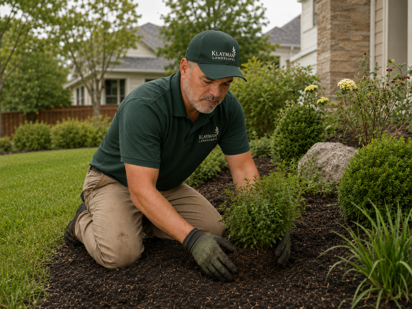 Klayman Landscapes planting shrubs in a residential landscape bed