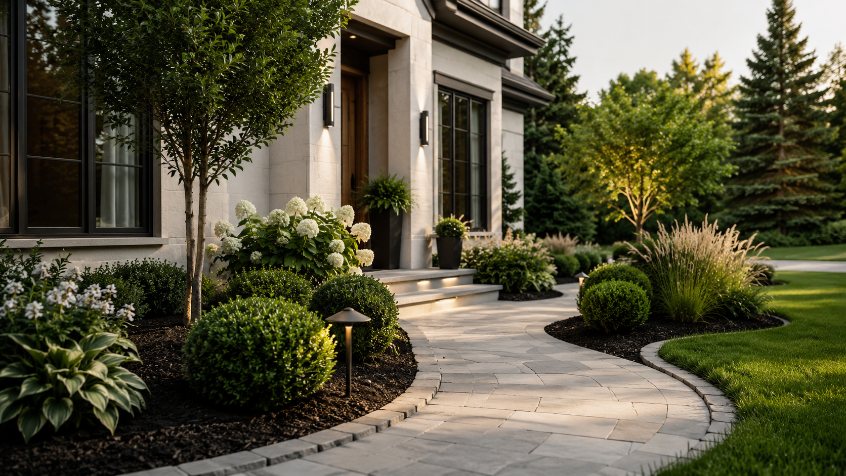 Residential front entry landscape with clean mulch beds, shaped shrubs, ornamental plantings, and a stone walkway.