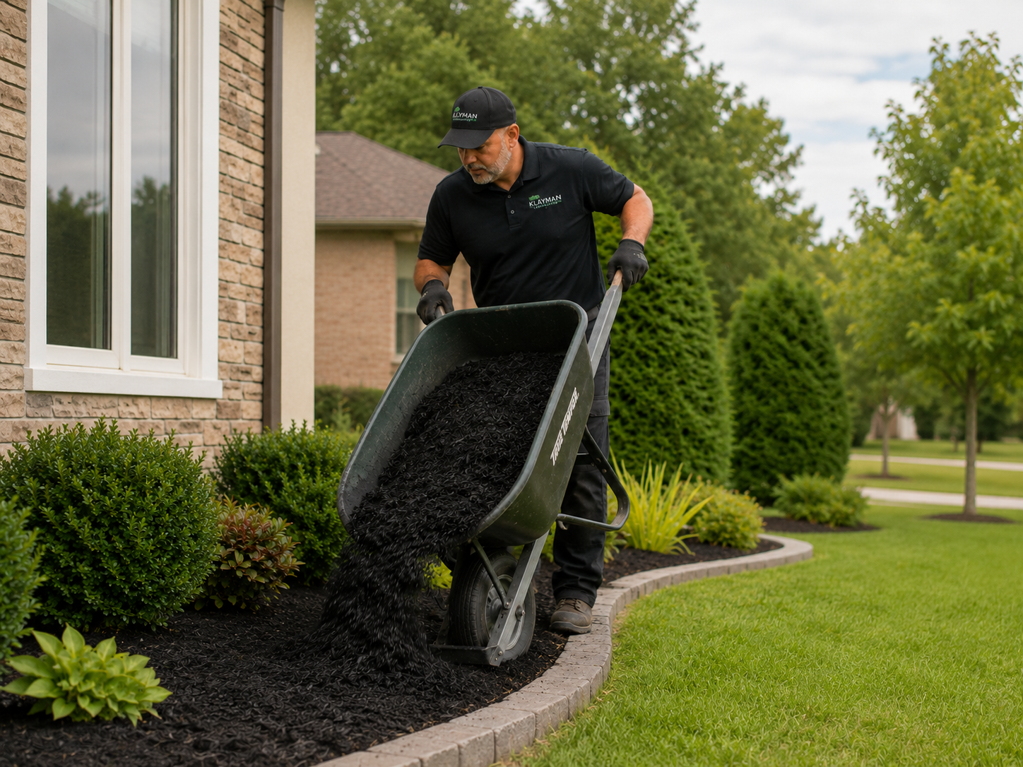 Klayman Landscapes installing black mulch along a curved residential garden bed